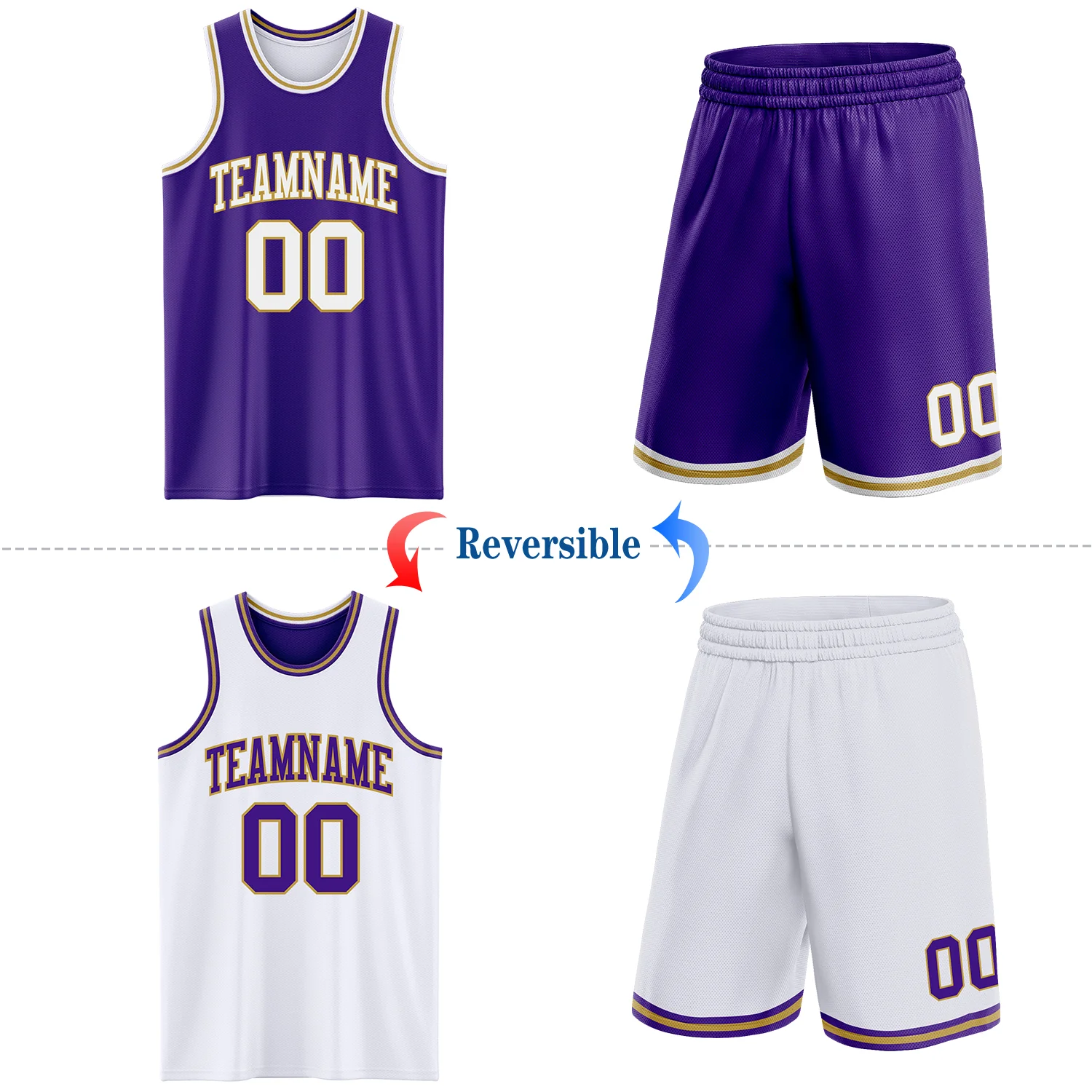 Custom Purple White-Old Gold Reversible Double Side Sublimation Basketball Suit Jersey - Image 2