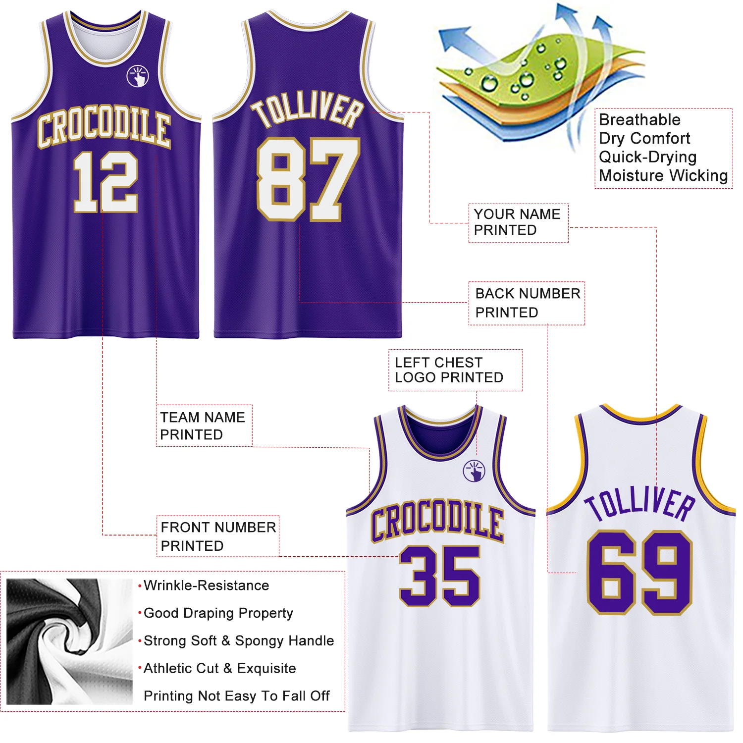 Custom Purple White-Old Gold Reversible Double Side Sublimation Basketball Suit Jersey - Image 5