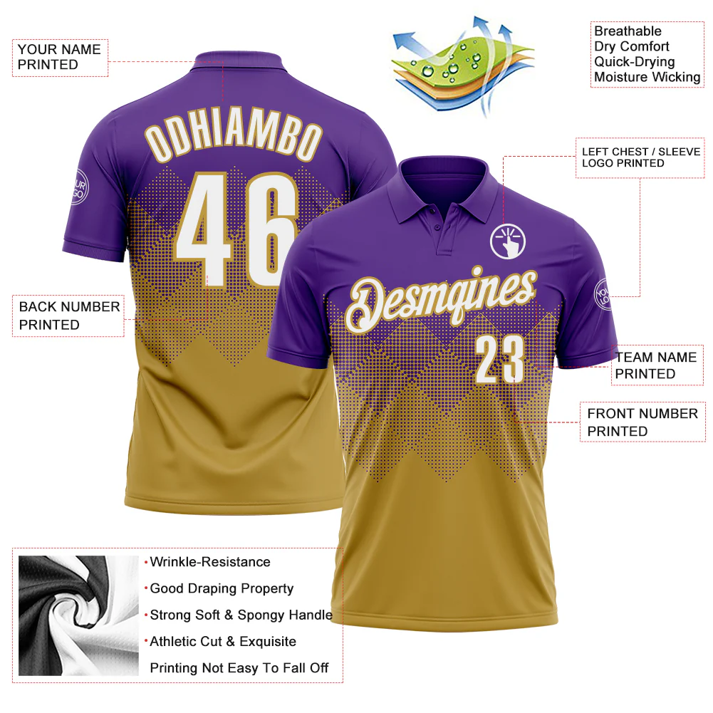 Custom Purple White-Old Gold 3D Gradient Square Shape Performance Polo Shirt - Image 3