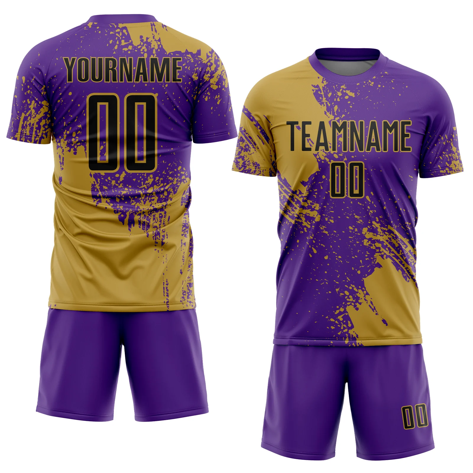 Custom Purple Black-Old Gold Abstract Brush Stroke Sports Sublimation Soccer Uniform Jersey - Image 2