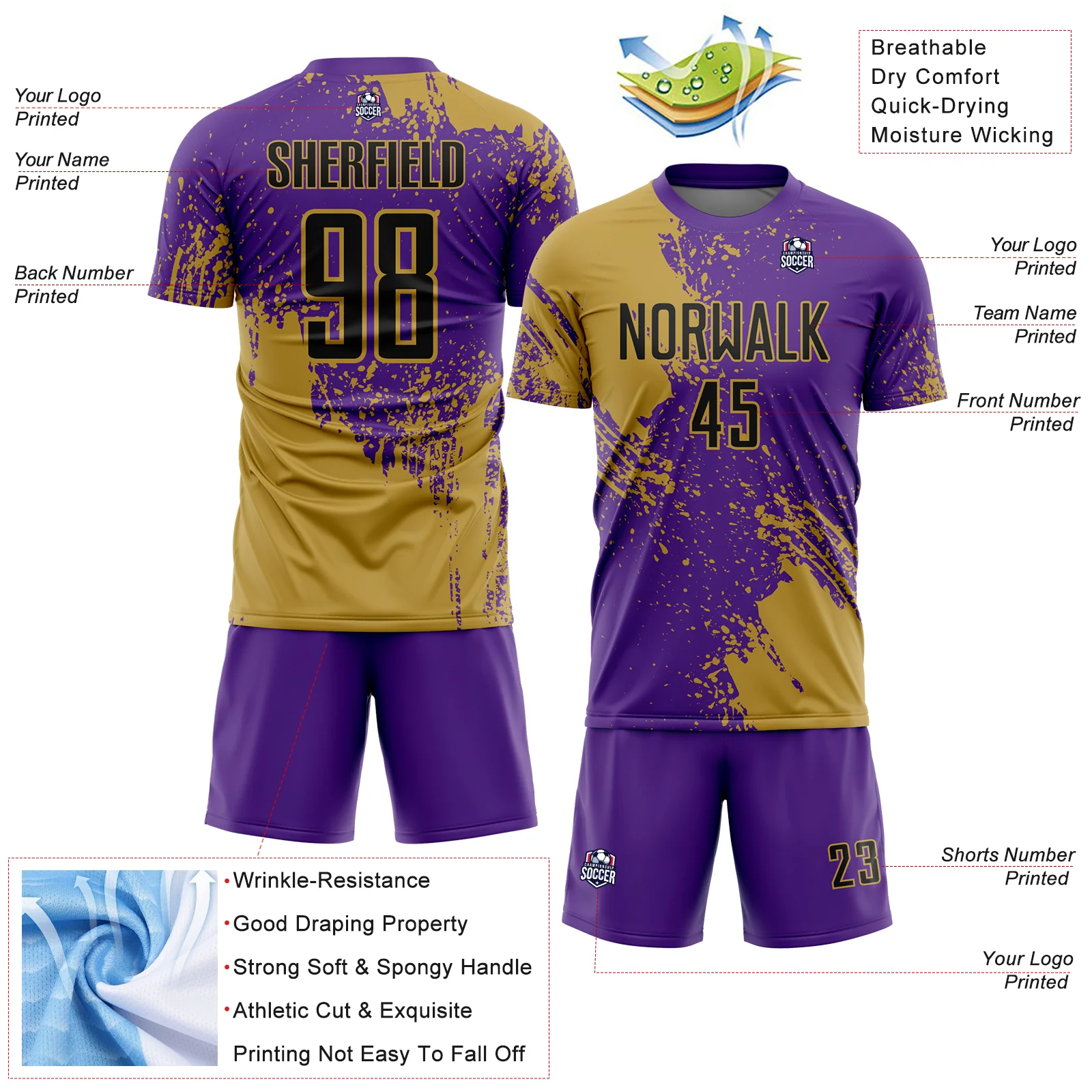 Custom Purple Black-Old Gold Abstract Brush Stroke Sports Sublimation Soccer Uniform Jersey - Image 4