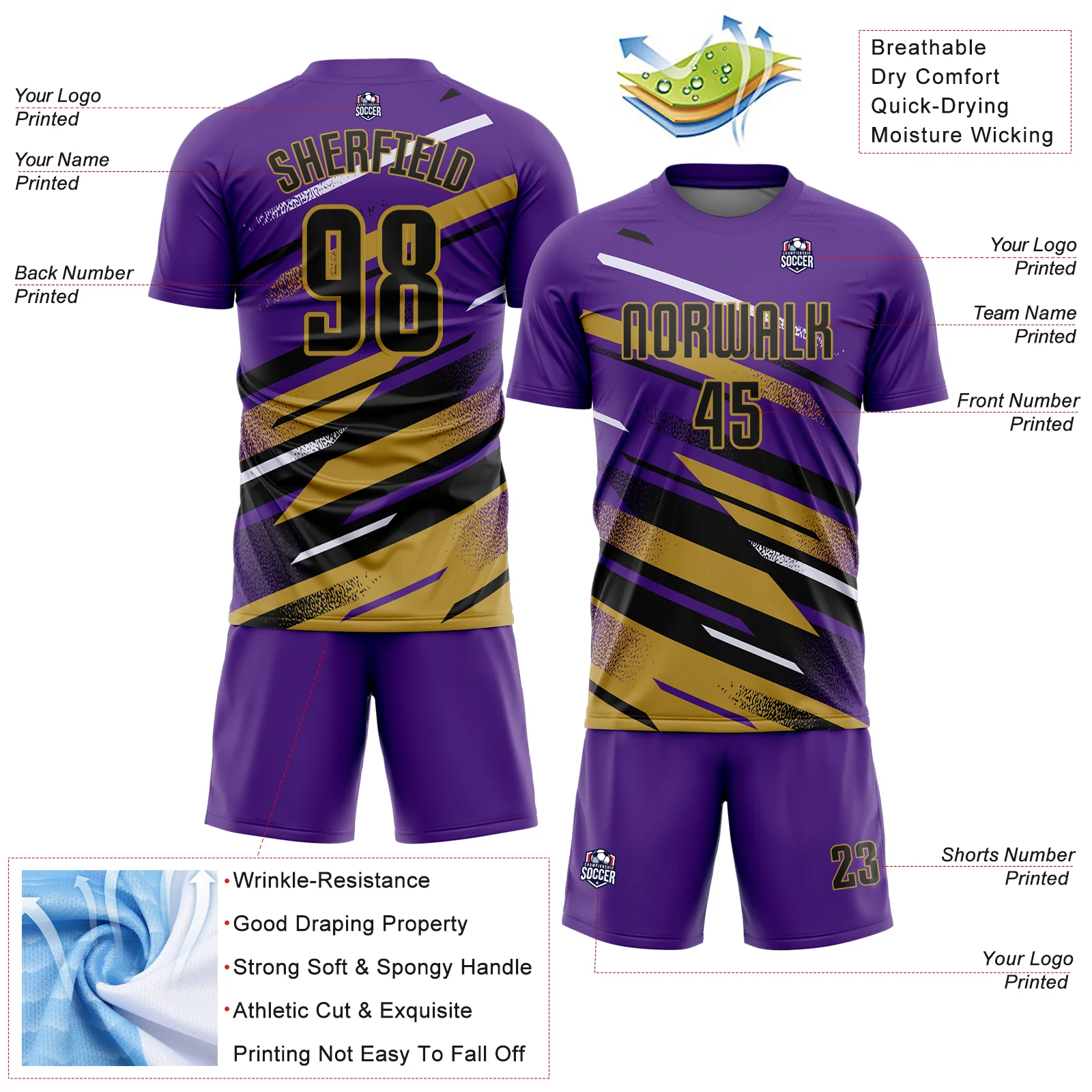 Custom Purple Black Old Gold-White Grunge Stripe And Grainy Sports Sublimation Soccer Uniform Jersey - Image 4