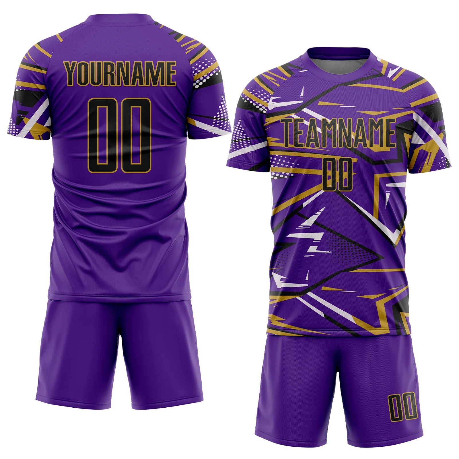 Custom Purple Black Old Gold-White Abstract Geometric Stripes Sports Sublimation Soccer Uniform Jersey - Image 2