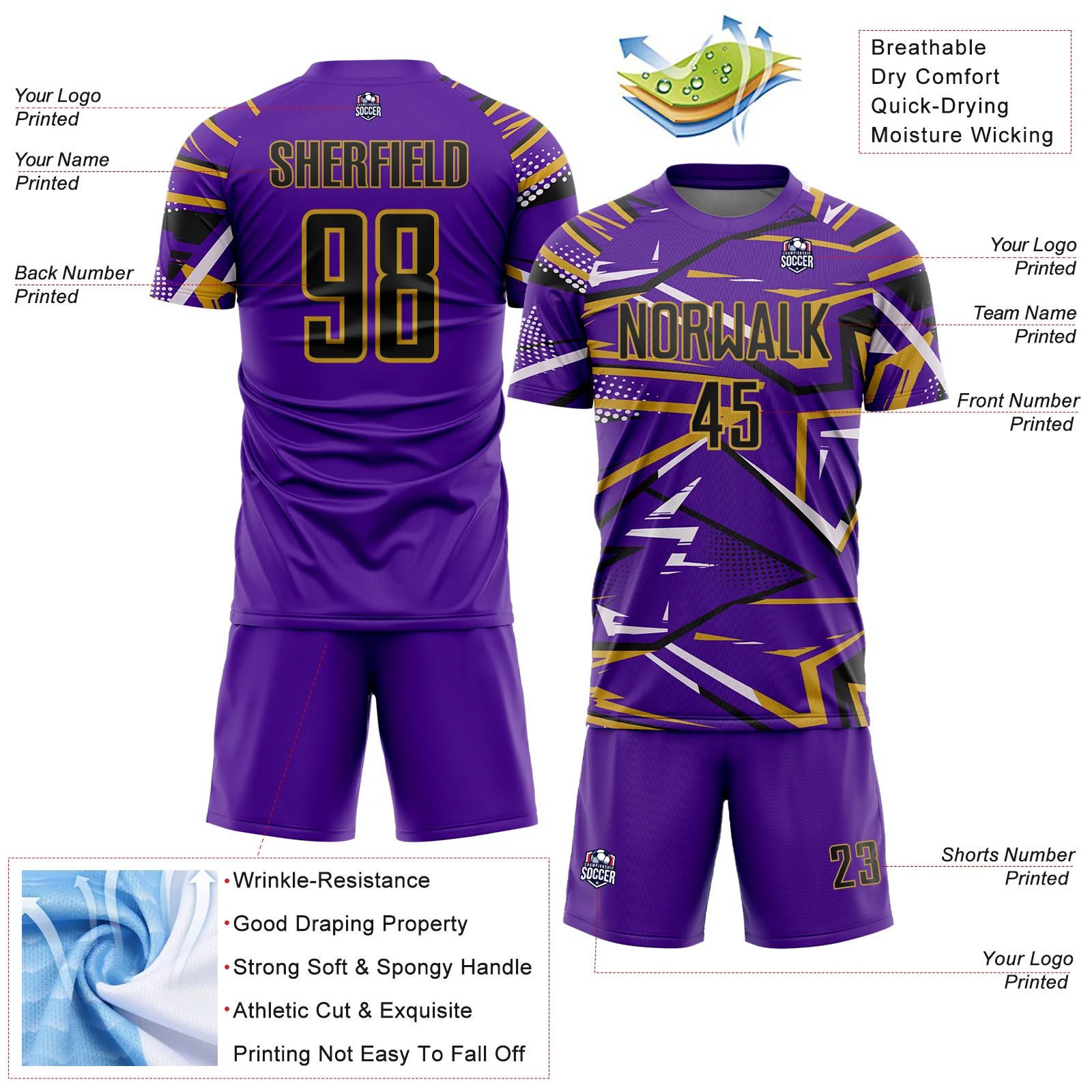 Custom Purple Black Old Gold-White Abstract Geometric Stripes Sports Sublimation Soccer Uniform Jersey - Image 4