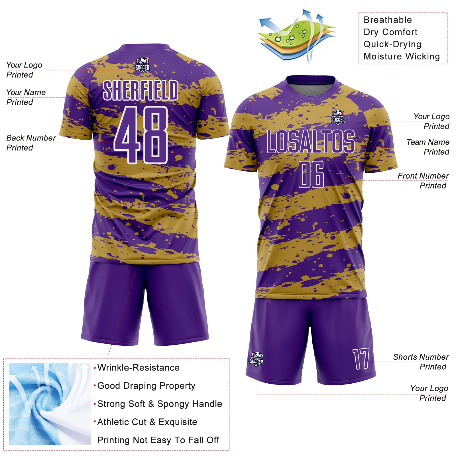 Custom Purple Old Gold-White Splash Sublimation Soccer Uniform Jersey - Image 4