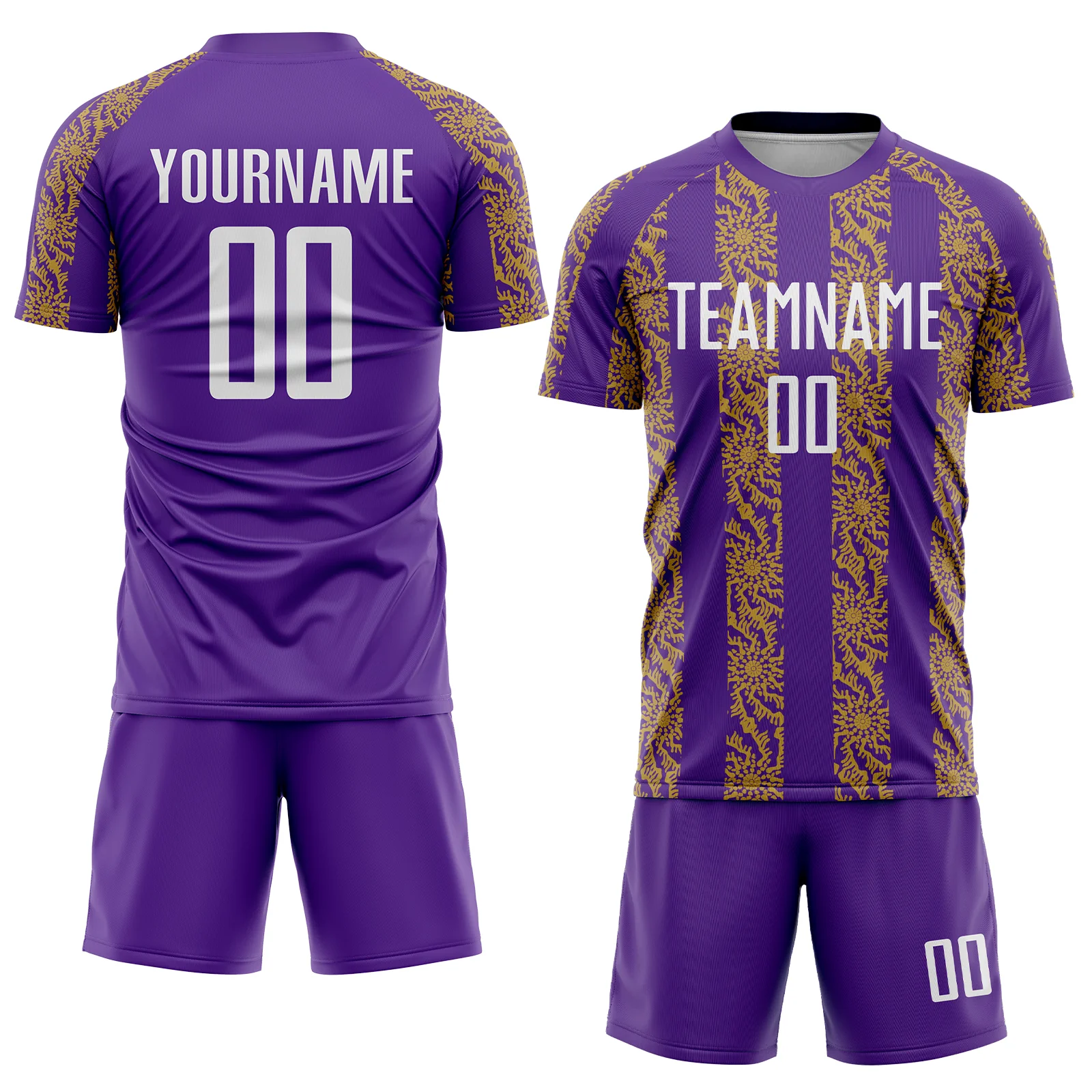 Custom Purple White-Old Gold Abstract Shape Sublimation Soccer Uniform Jersey - Image 2