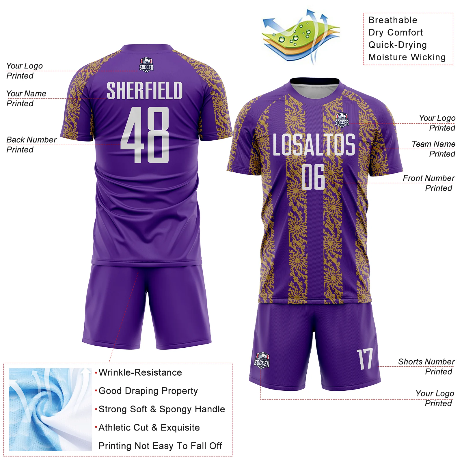 Custom Purple White-Old Gold Abstract Shape Sublimation Soccer Uniform Jersey - Image 4
