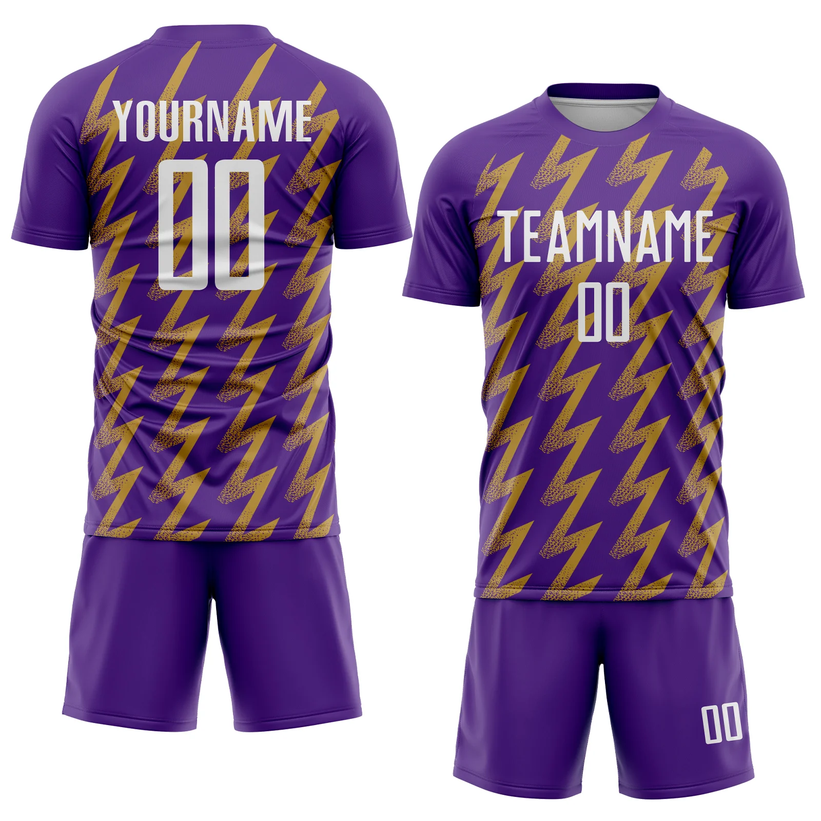 Custom Purple White-Old Gold Zigzag Shape Sublimation Soccer Uniform Jersey - Image 2