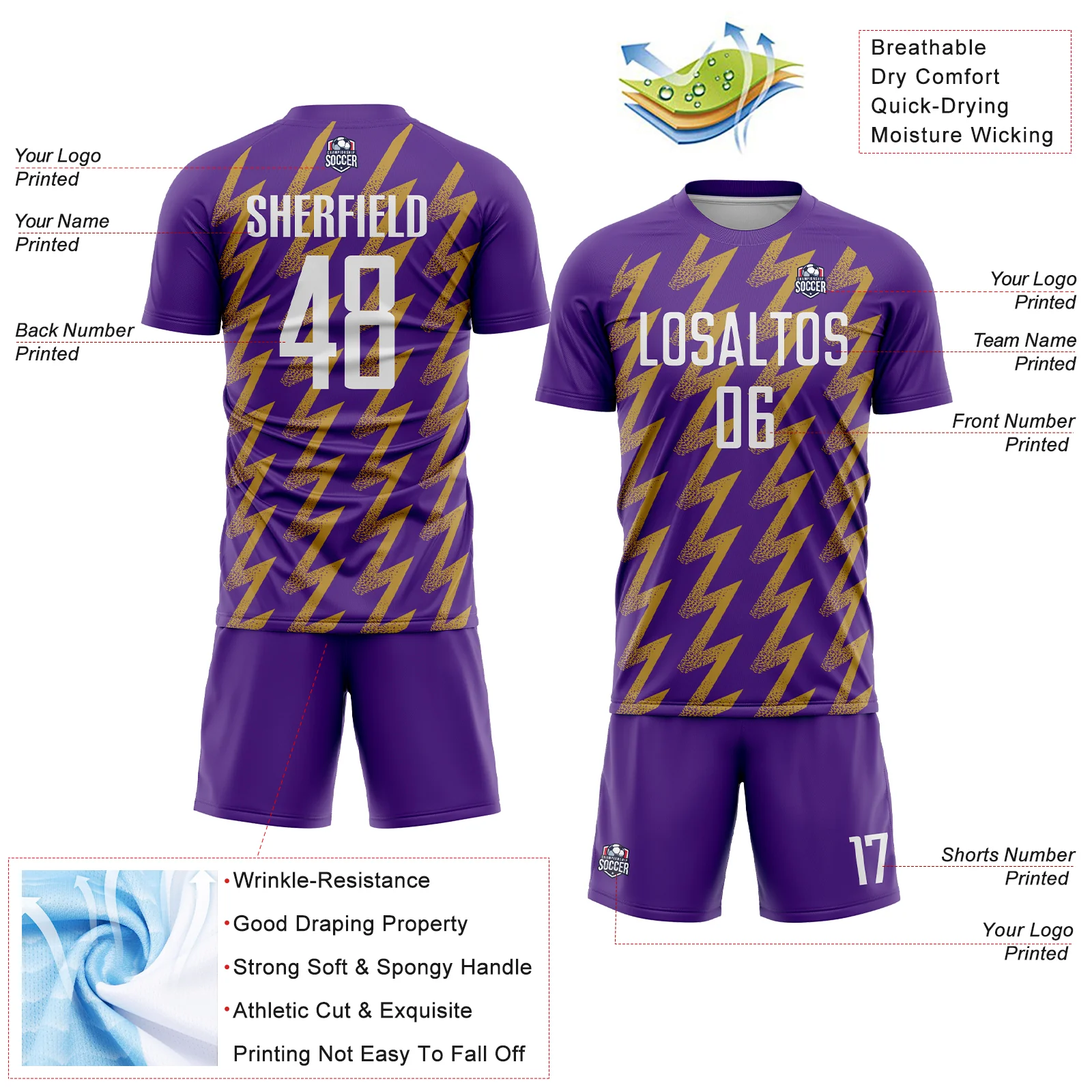 Custom Purple White-Old Gold Zigzag Shape Sublimation Soccer Uniform Jersey - Image 4