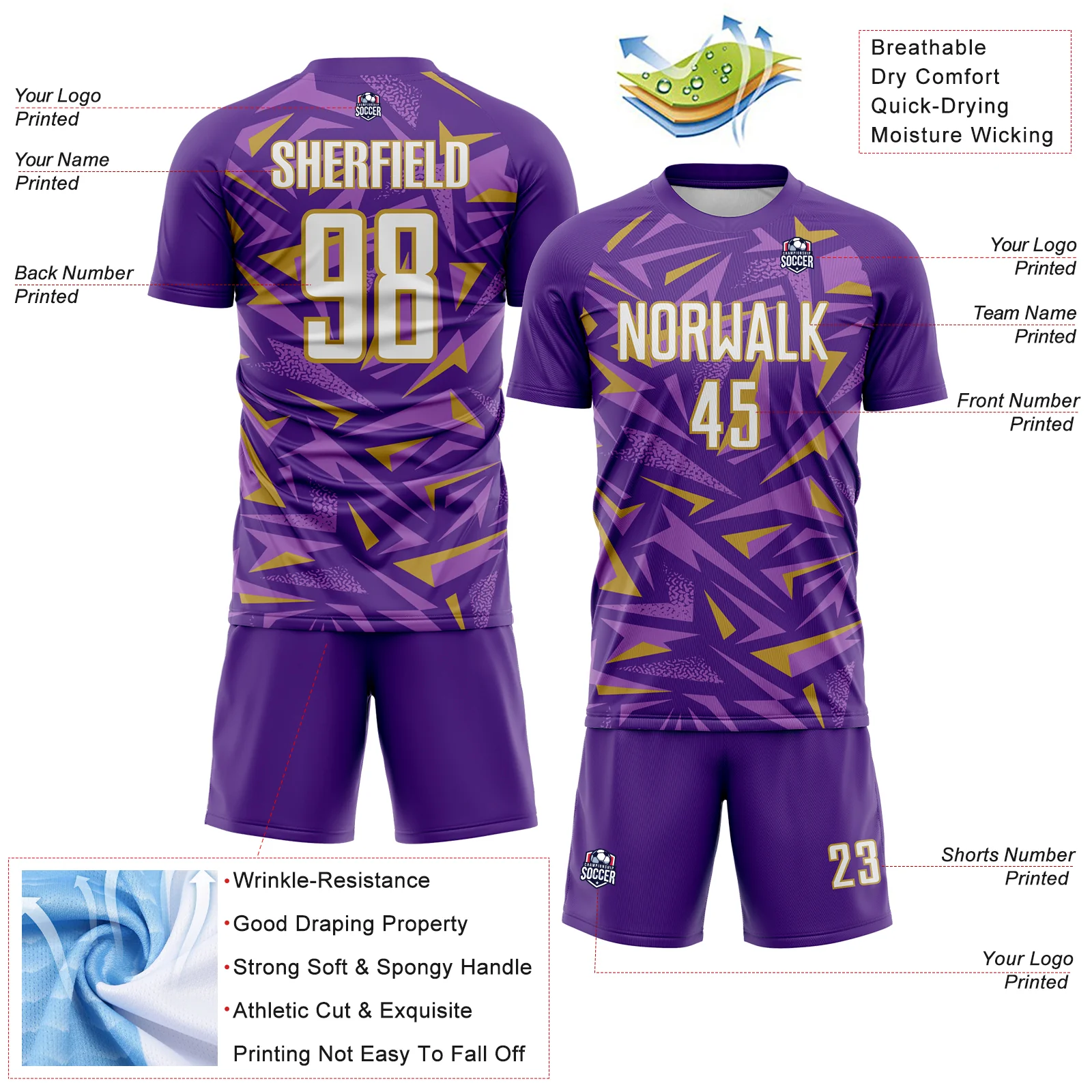 Custom Purple White Old Gold-Medium Purple Cyber Mecha E-sport Geometric Shards Spike Sublimation Soccer Uniform Jersey - Image 4
