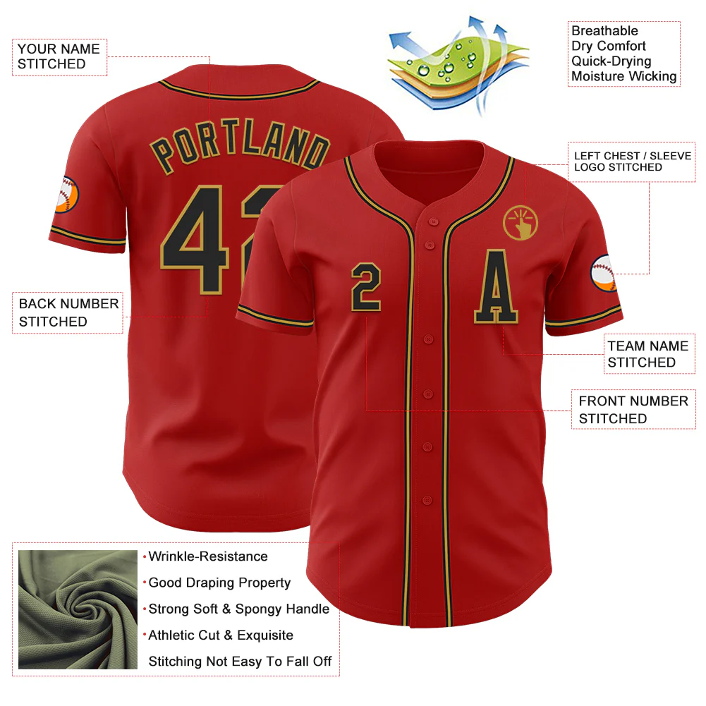 Custom Red Black-Old Gold Authentic Baseball Jersey - Image 2