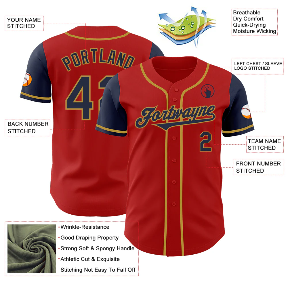 Custom Red Navy-Old Gold Authentic Two Tone Baseball Jersey - Image 3