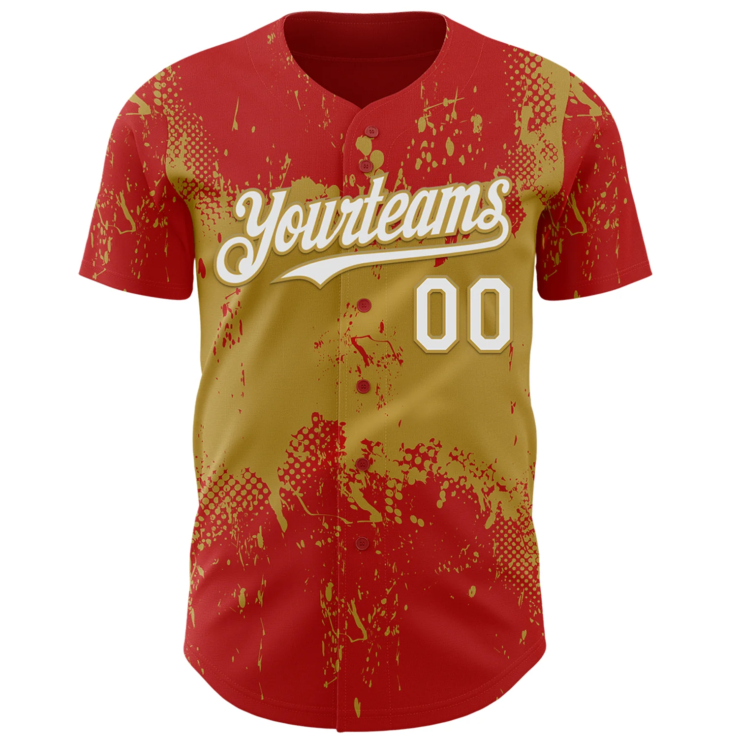 Custom Red White-Old Gold Abstract Splatter Grunge Paint Authentic Baseball Jersey - Image 2