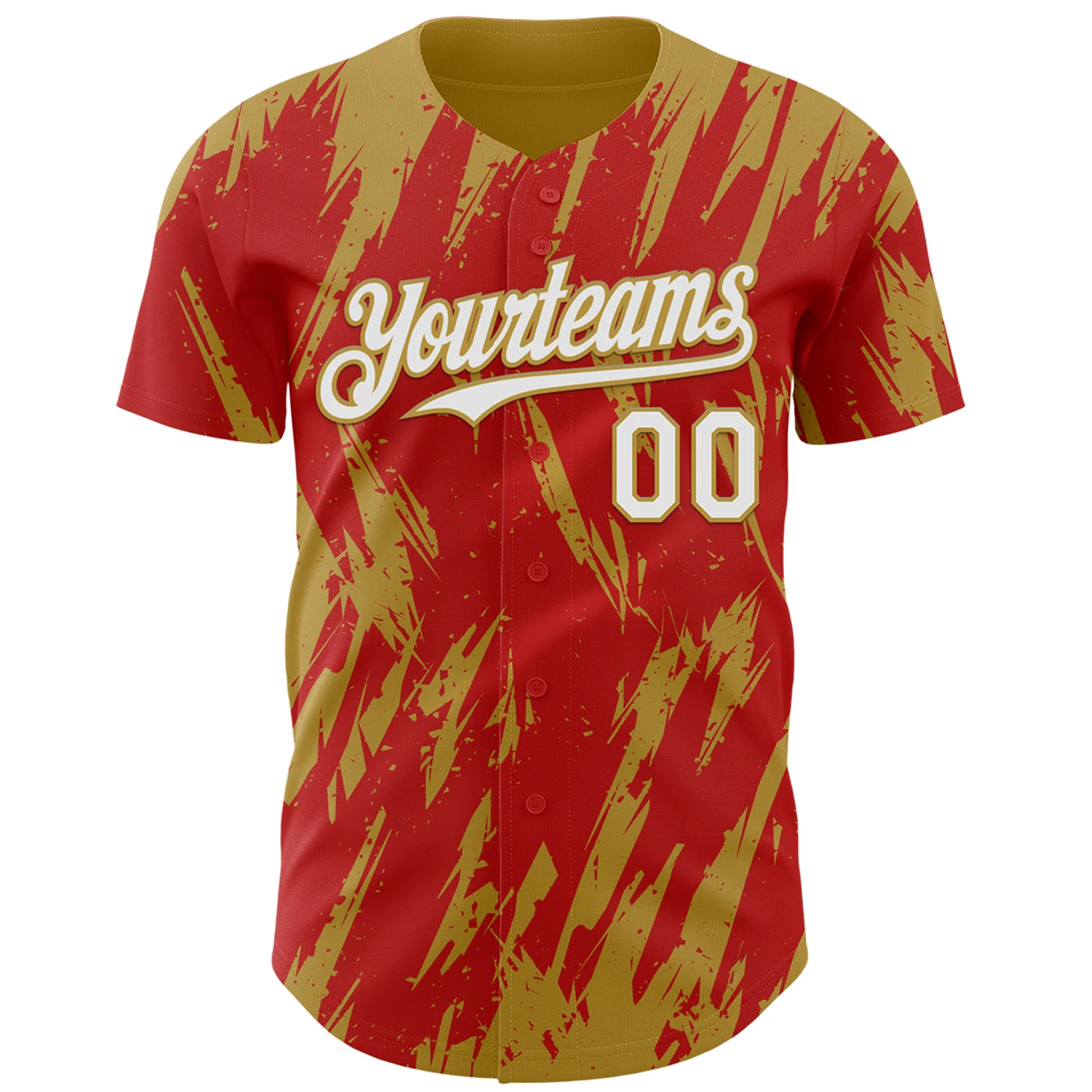 Custom Red White-Old Gold Splatter Torn Sharp Brush Stroke Authentic Baseball Jersey - Image 2