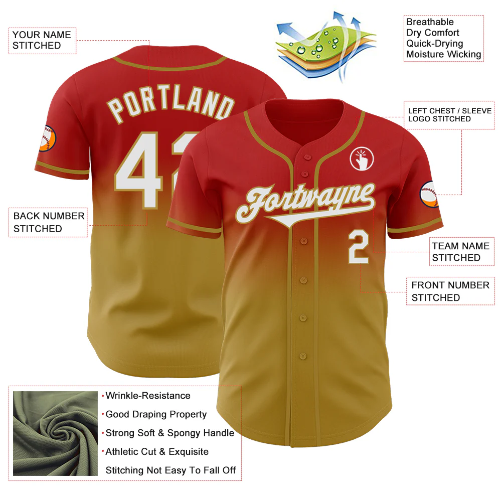 Custom Red White-Old Gold Authentic Fade Fashion Baseball Jersey - Image 3