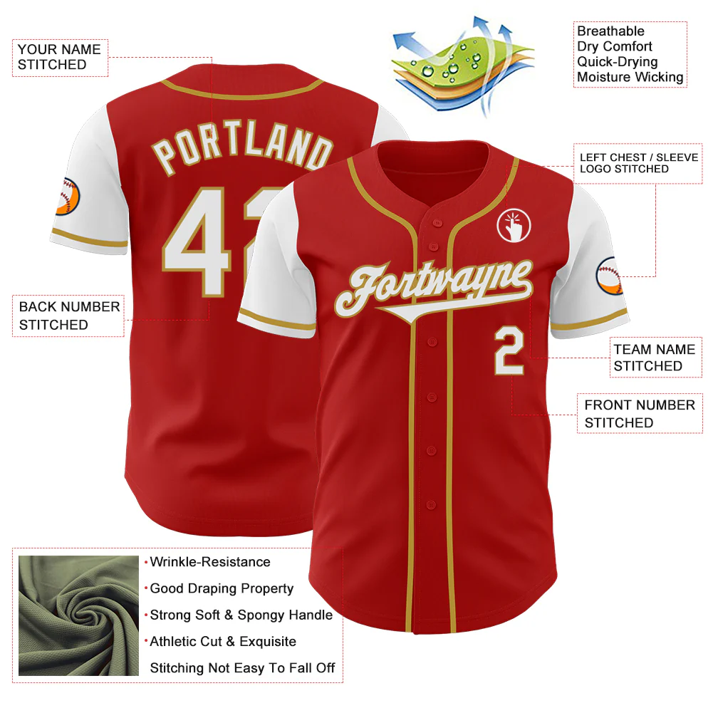 Custom Red White-Old Gold Authentic Two Tone Baseball Jersey - Image 3