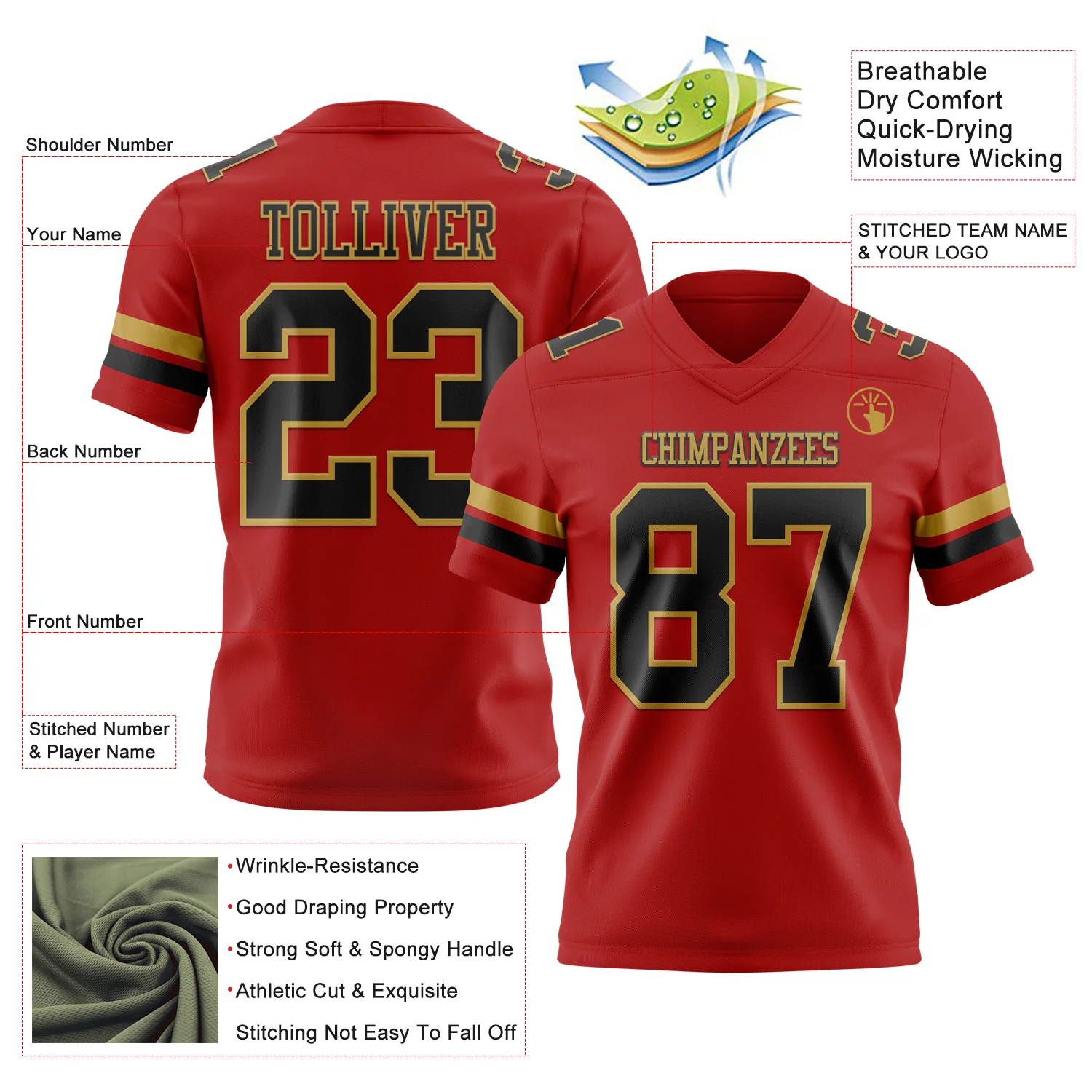 Custom Red Black-Old Gold Authentic Football Jersey - Image 3