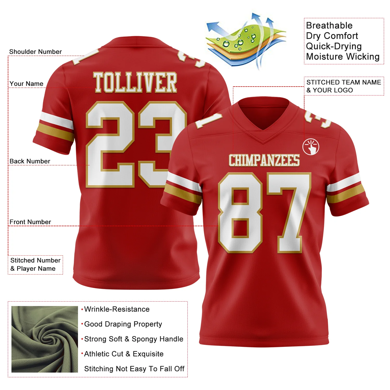 Custom Red White-Old Gold Authentic Football Jersey - Image 3