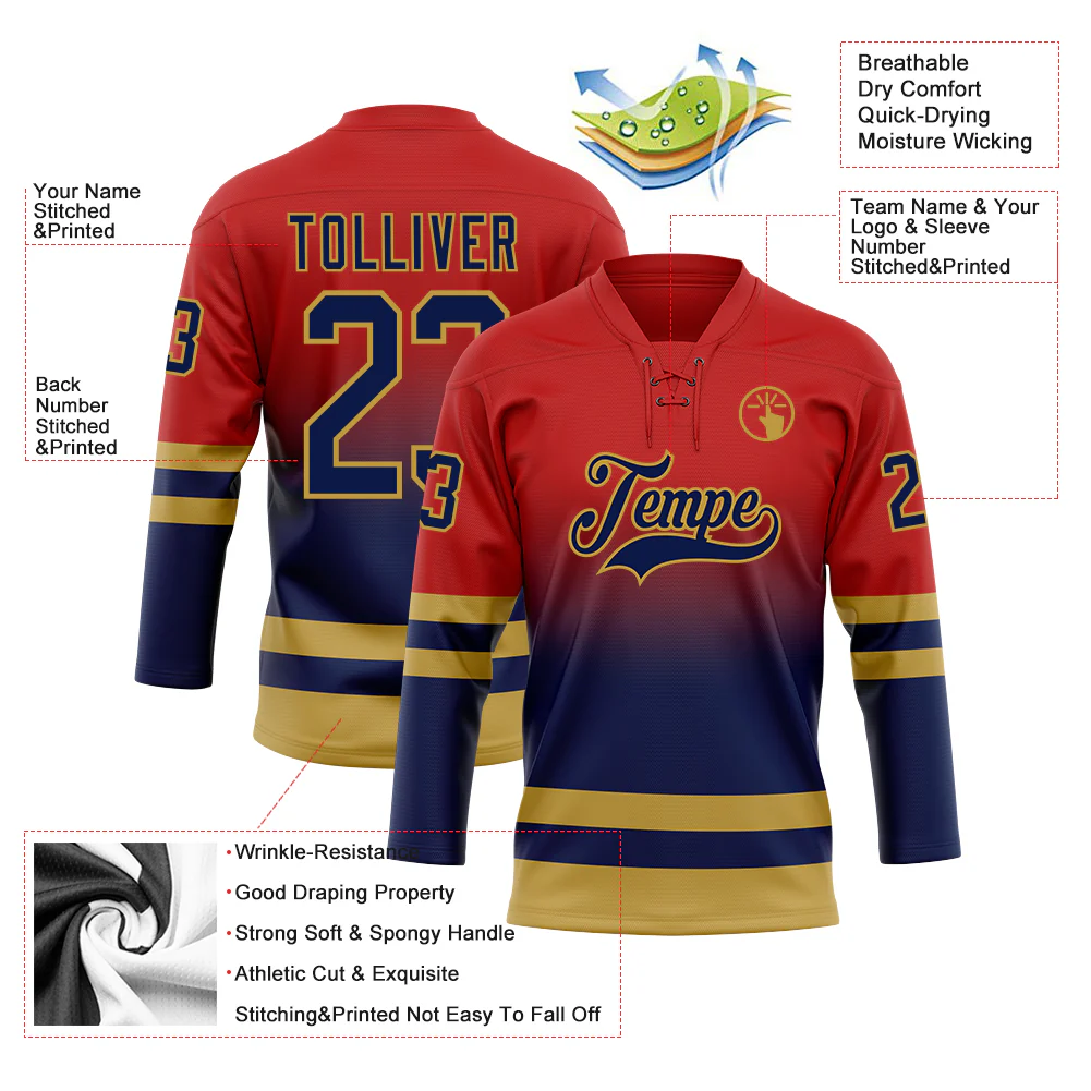 Custom Red Navy-Old Gold Fade Fashion Hockey Lace Neck Jersey - Image 5