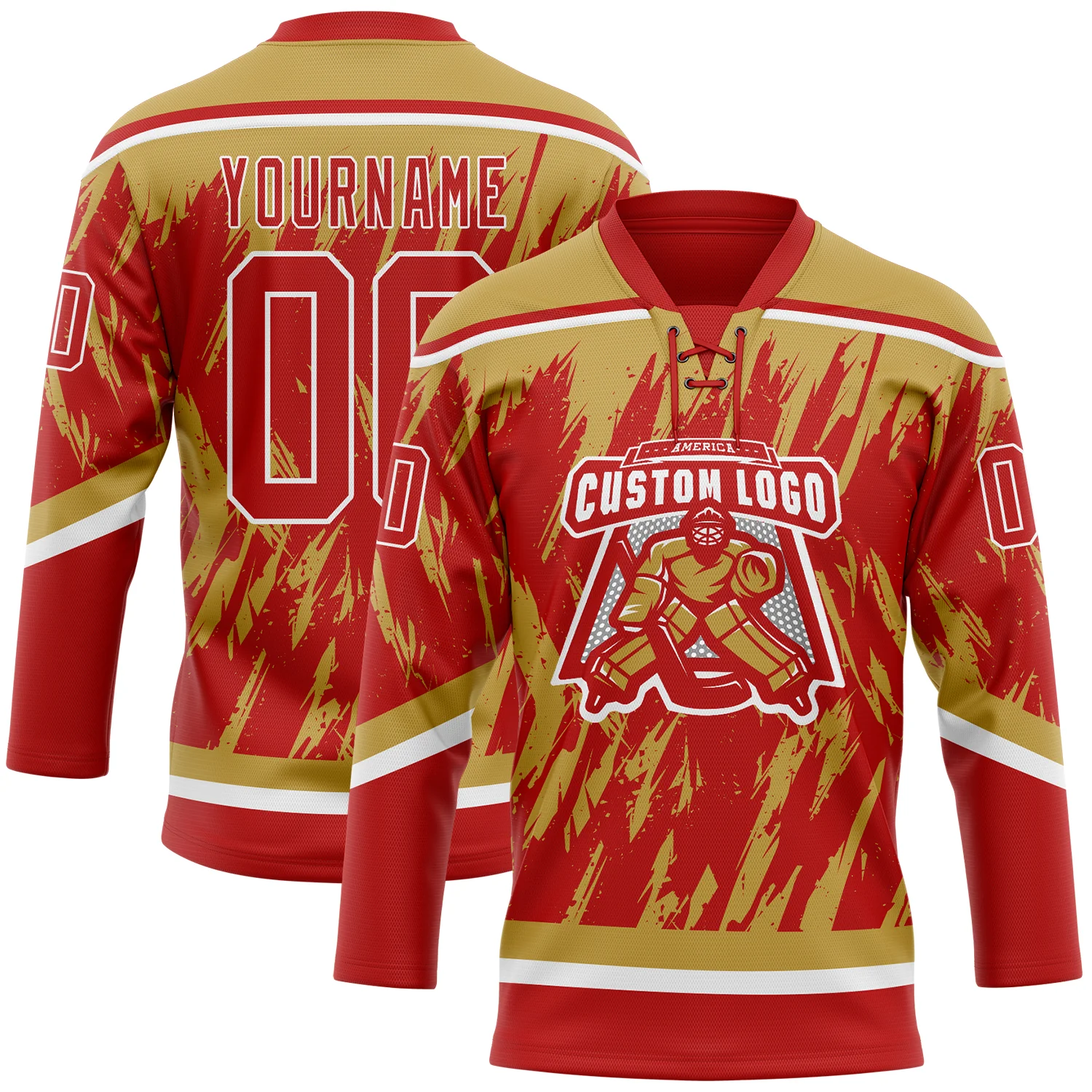 Custom Red Old Gold-White 3D Pattern Splash Art Hockey Lace Neck Jersey - Image 2