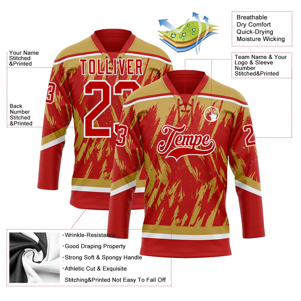Custom Red Old Gold-White 3D Pattern Splash Art Hockey Lace Neck Jersey - Image 3