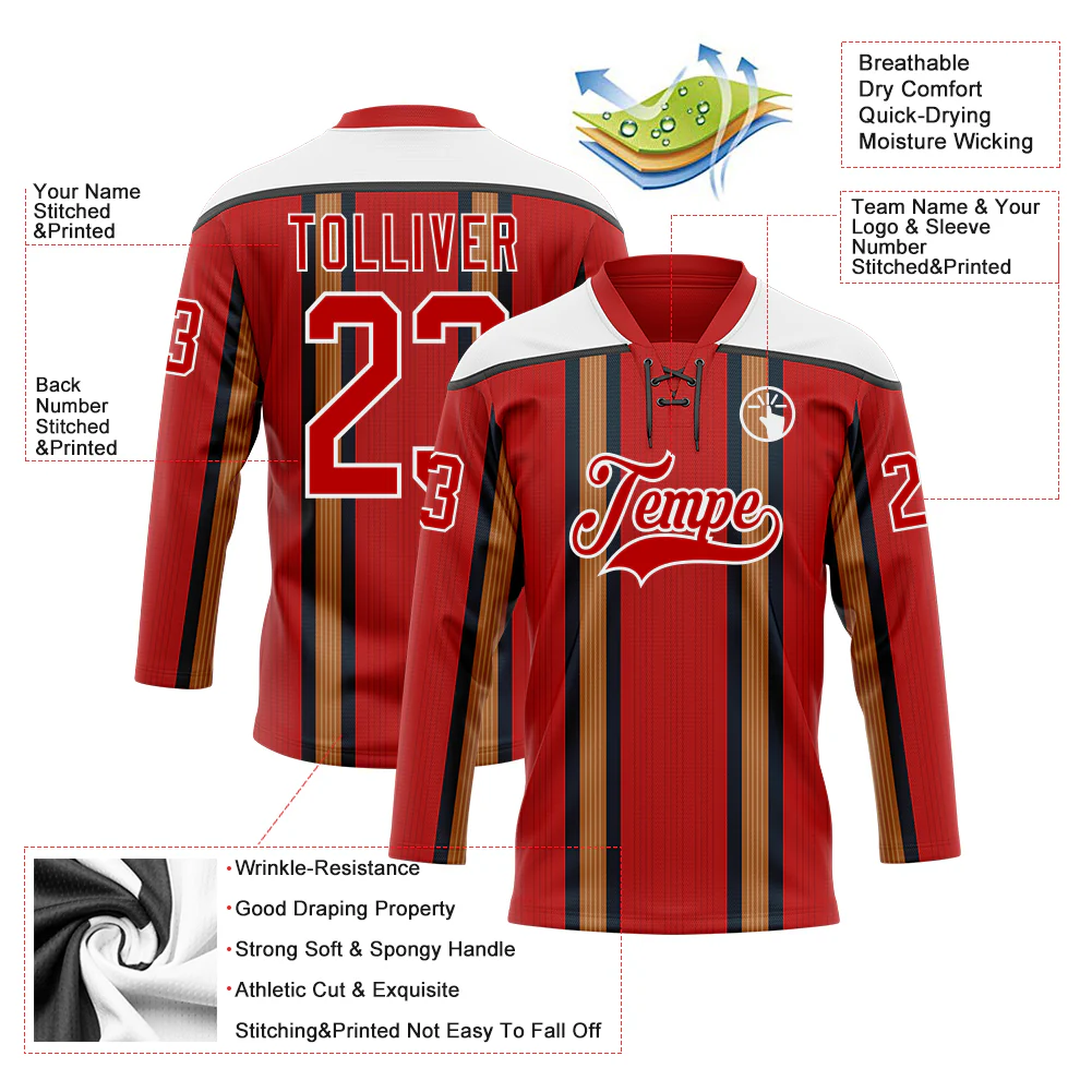 Custom Red Old Gold Black-White Stripe Hockey Lace Neck Jersey - Image 5