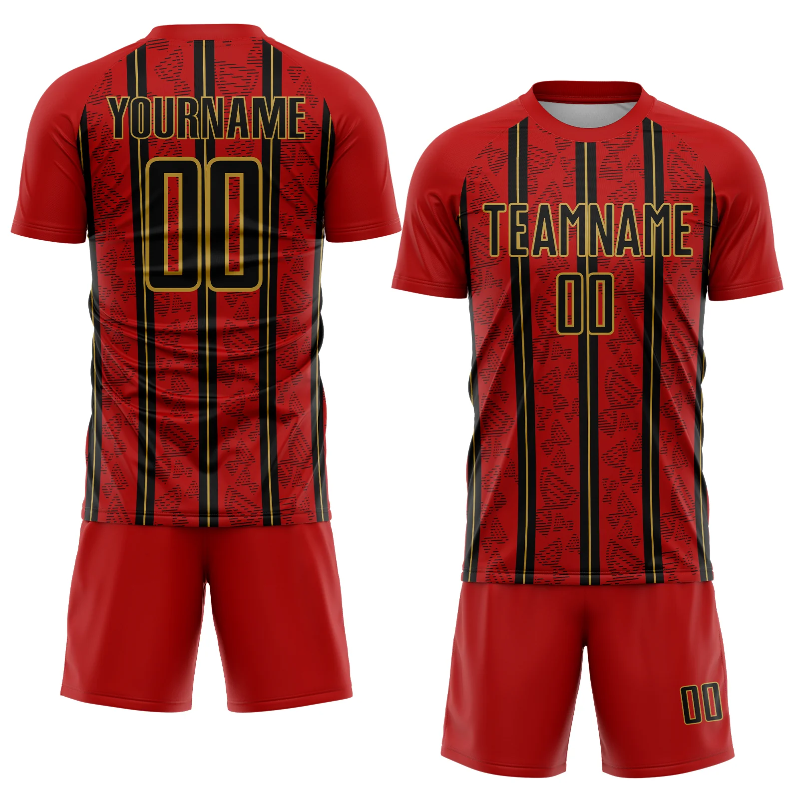 Custom Red Black-Old Gold Stripe Line Sublimation Soccer Uniform Jersey - Image 2
