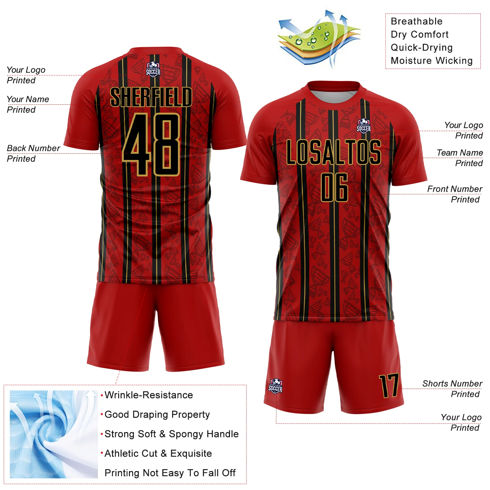 Custom Red Black-Old Gold Stripe Line Sublimation Soccer Uniform Jersey - Image 4