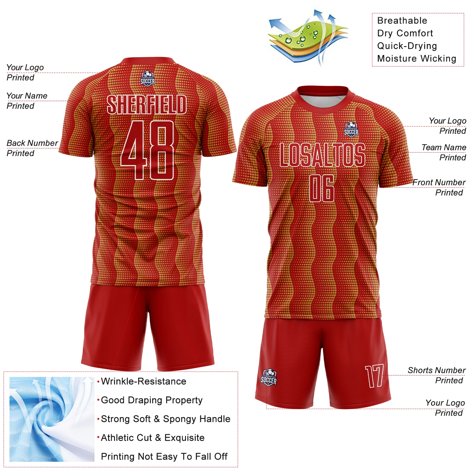 Custom Red Old Gold-White Geometric Shape Sublimation Soccer Uniform Jersey - Image 4