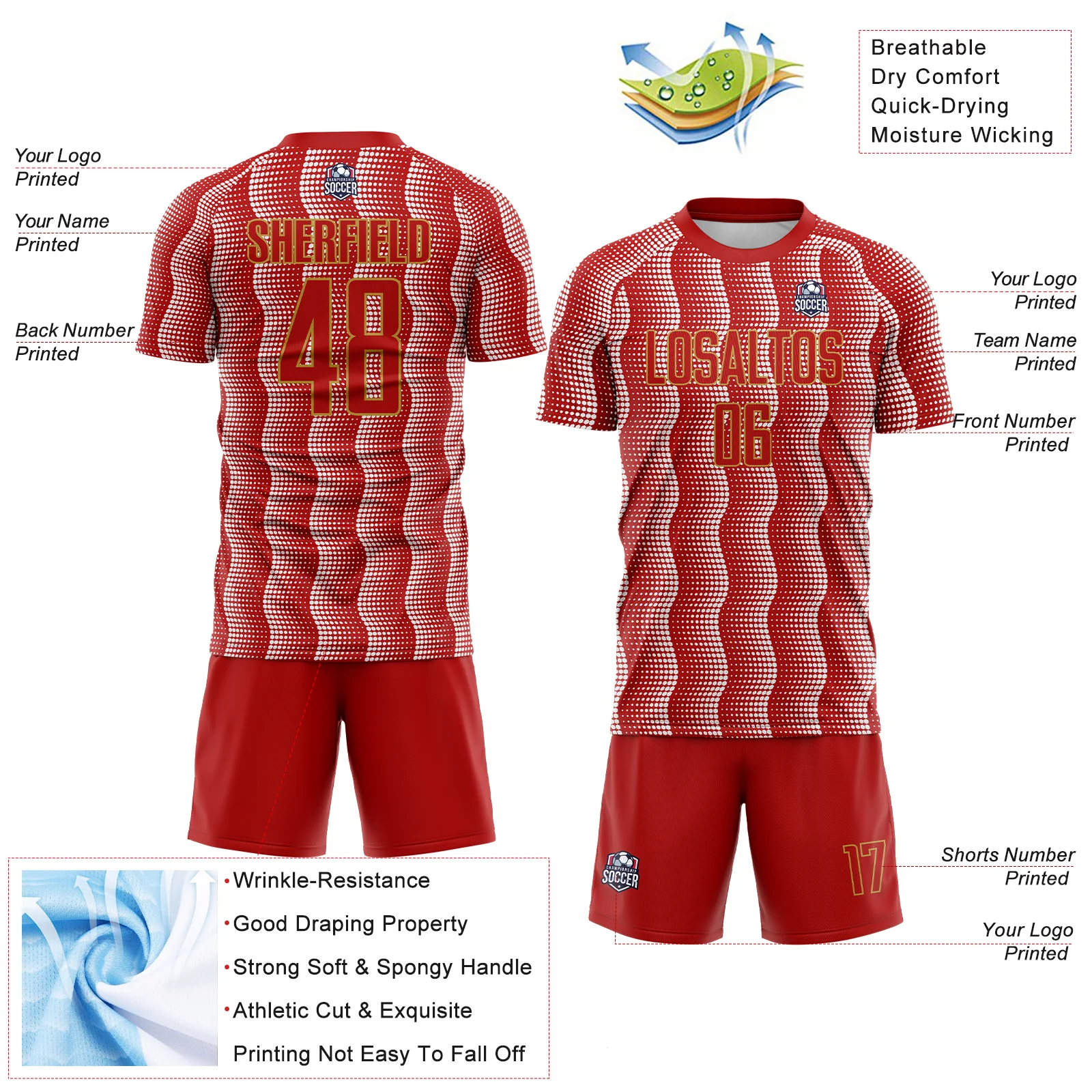 Custom Red Old Gold-White Geometric Shape Sublimation Soccer Uniform Jersey - Image 4