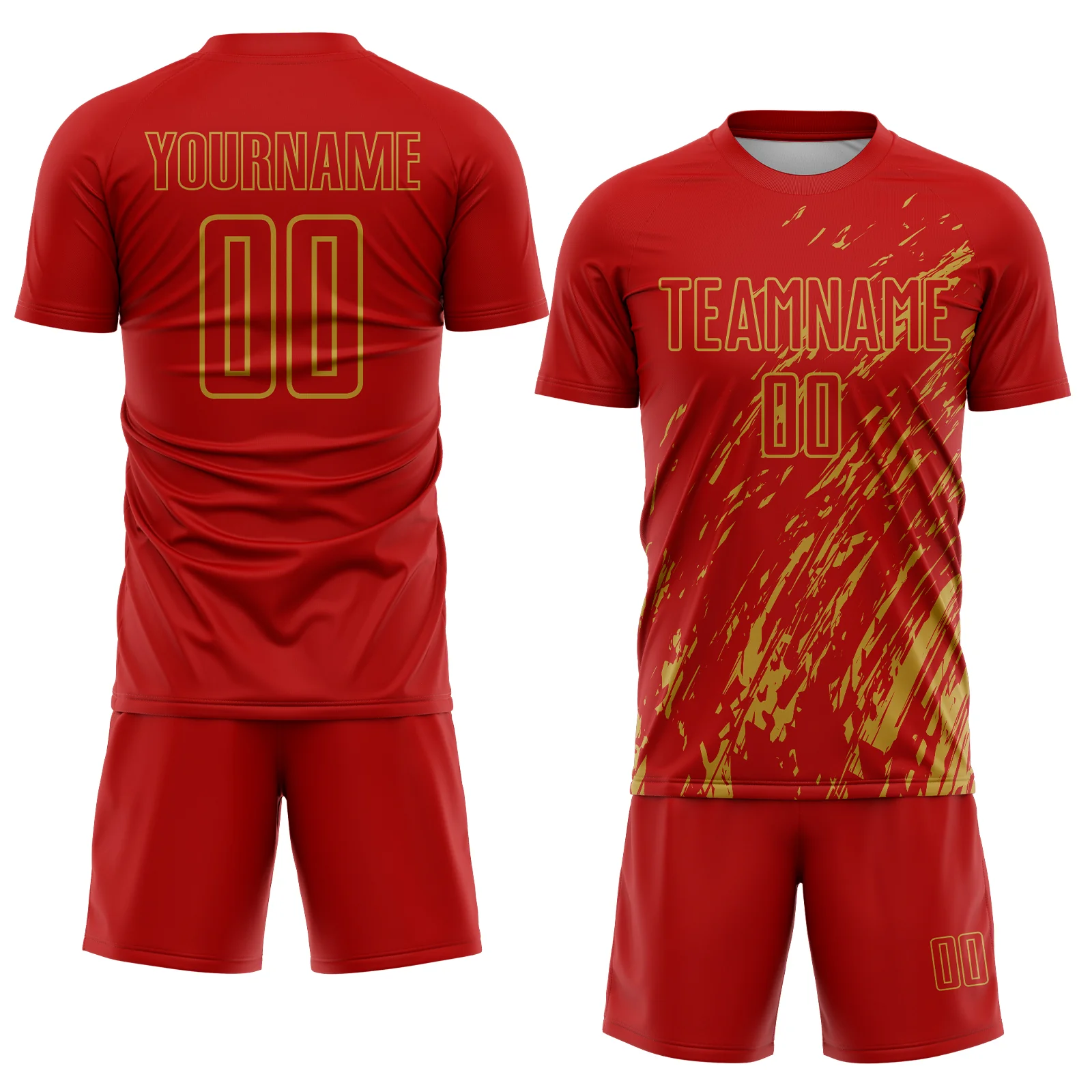 Custom Red Old Gold Splash Sublimation Soccer Uniform Jersey - Image 2