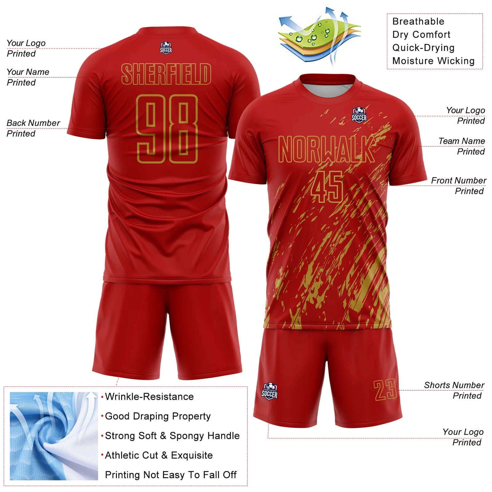 Custom Red Old Gold Splash Sublimation Soccer Uniform Jersey - Image 4