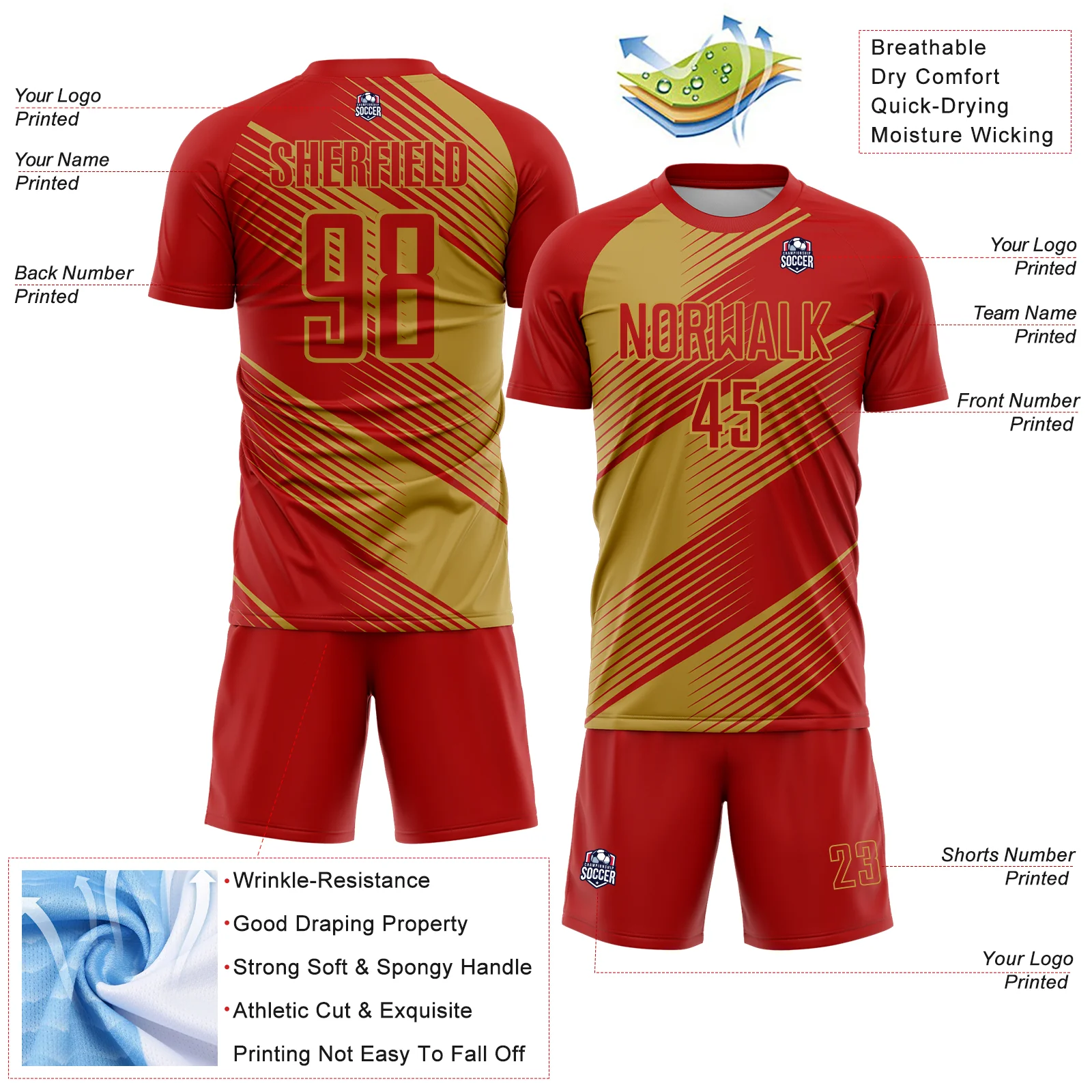 Custom Red Old Gold Line Sublimation Soccer Uniform Jersey - Image 4
