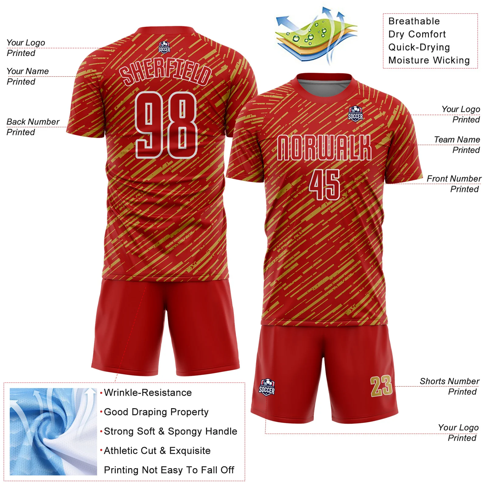 Custom Red Old Gold-White Line Sports Sublimation Soccer Uniform Jersey - Image 4
