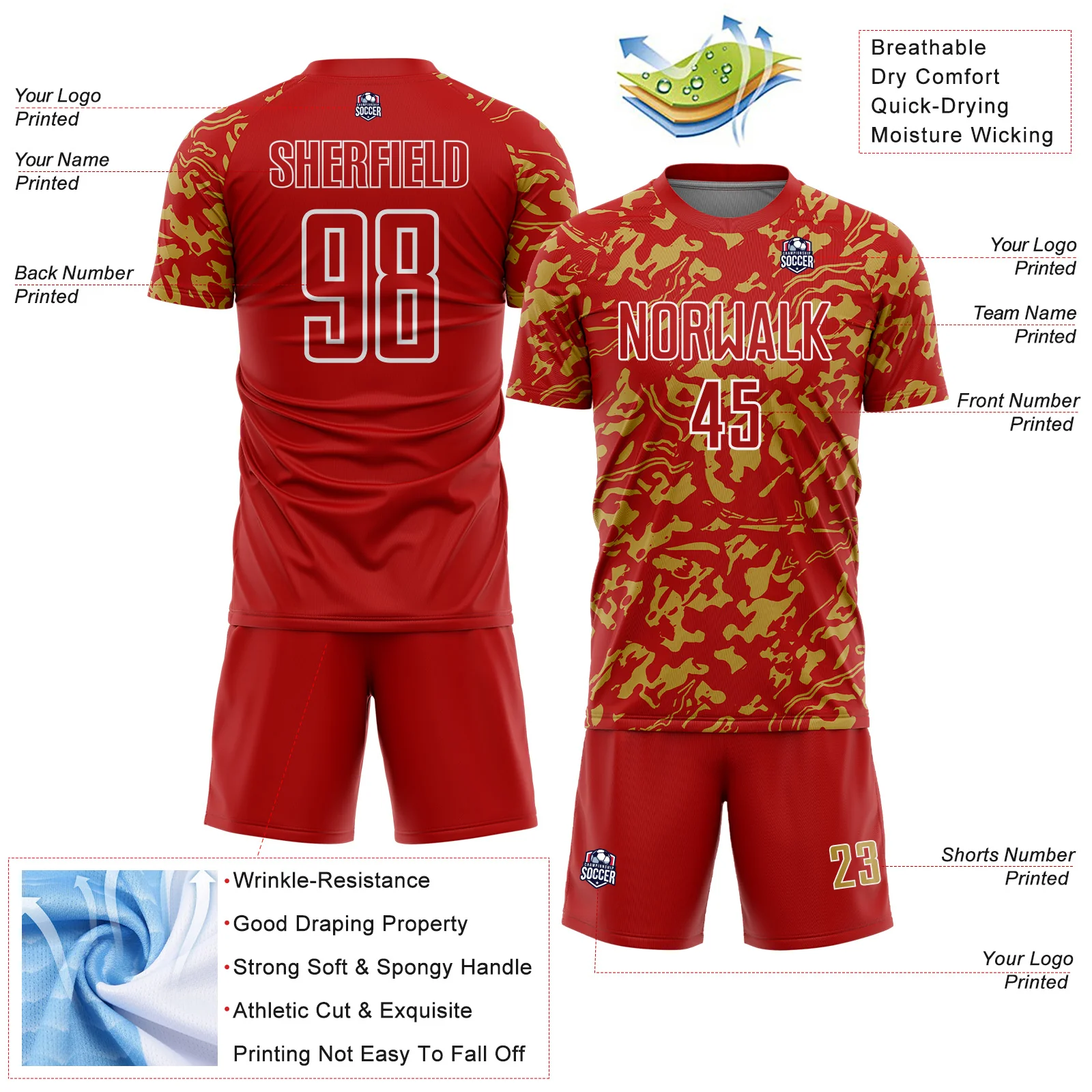 Custom Red Old Gold-White Liquid Fluid Pattern Sports Sublimation Soccer Uniform Jersey - Image 4