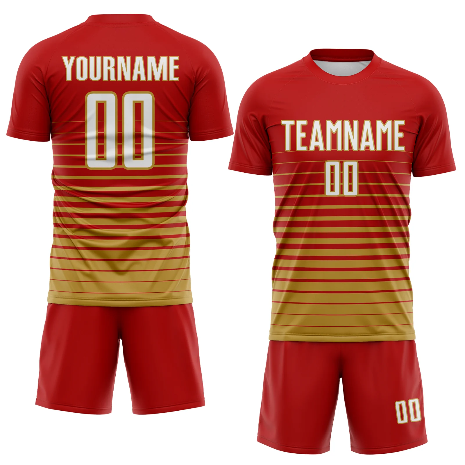 Custom Red White-Old Gold Gradient Pinstripe Sublimation Soccer Uniform Jersey - Image 2