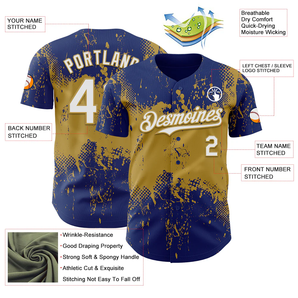 Custom Royal White-Old Gold Abstract Splatter Grunge Paint Authentic Baseball Jersey - Image 3
