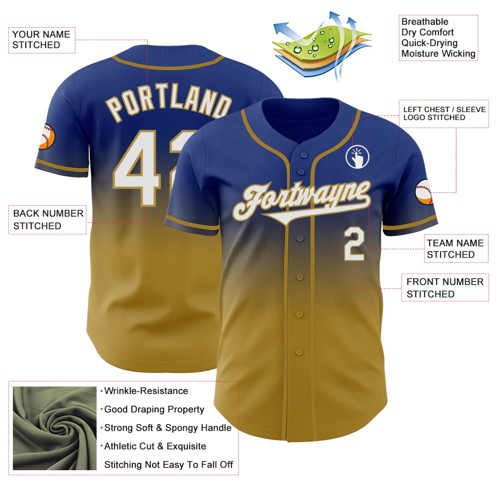 Custom Royal White-Old Gold Authentic Fade Fashion Baseball Jersey - Image 3