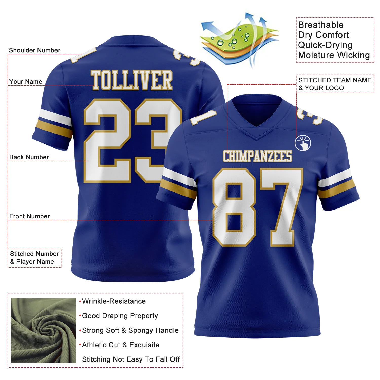 Custom Royal White-Old Gold Authentic Football Jersey - Image 3