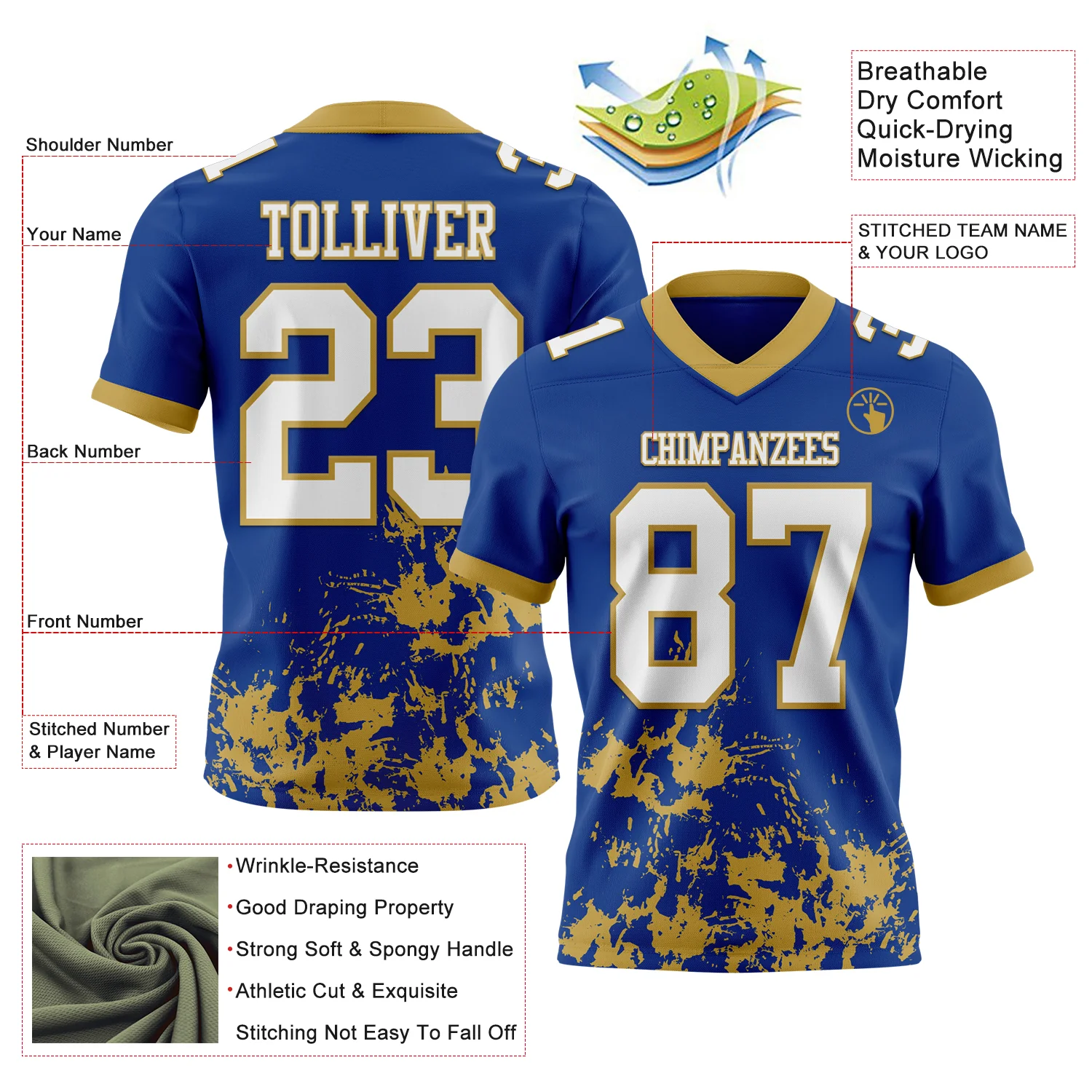 Custom Royal White-Old Gold 3D Pattern Splash Authentic Football Jersey - Image 2