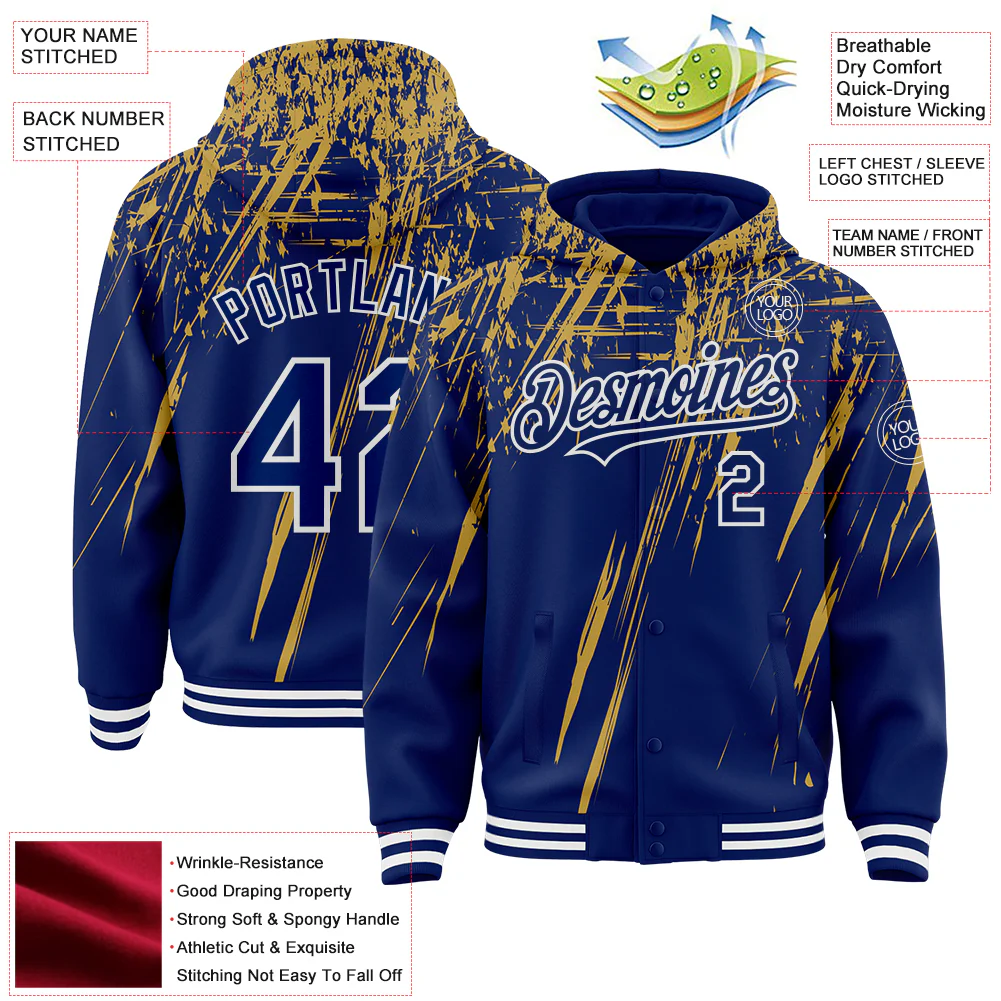 Custom Royal Old Gold-White Splash Bomber Full-Snap Varsity Letterman Hoodie Jacket - Image 4