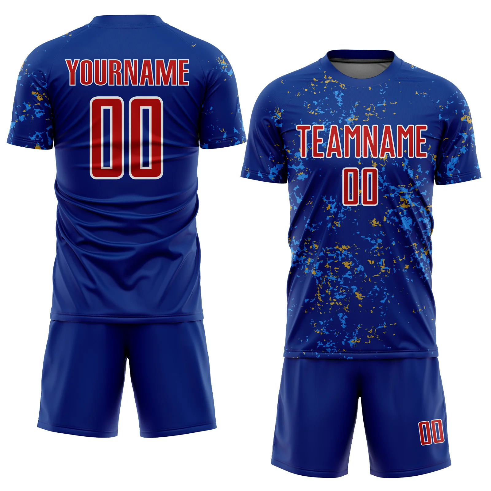 Custom Royal Red Old Gold-Powder Blue Abstract Fragment Art Sublimation Soccer Uniform Jersey - Image 2