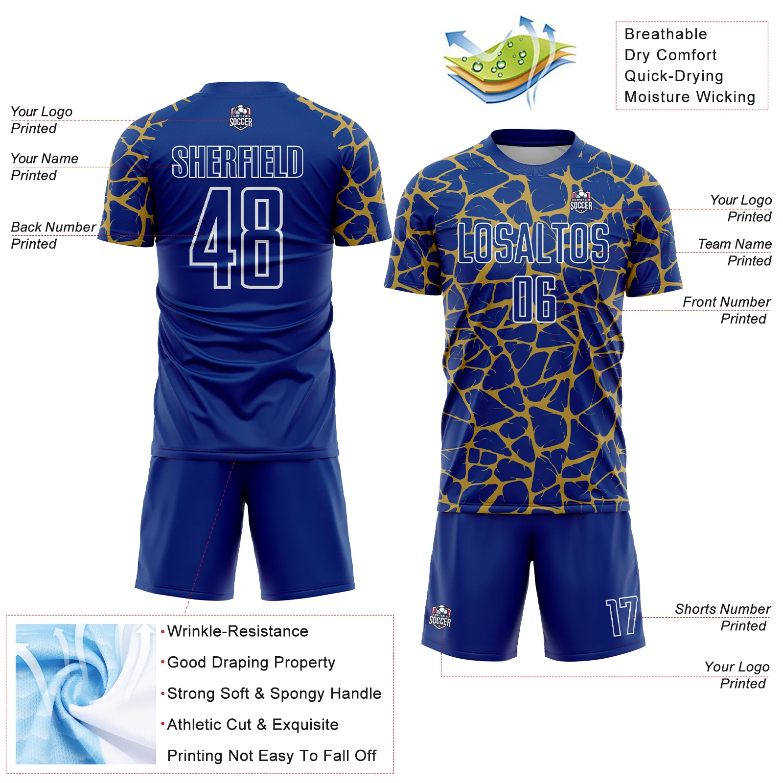 Custom Royal Old Gold-White Abstract Network Splash Sublimation Soccer Uniform Jersey - Image 4