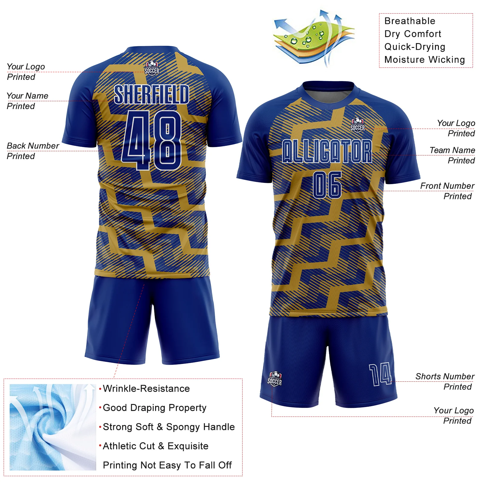 Custom Royal Old Gold-White Line Sublimation Soccer Uniform Jersey - Image 4