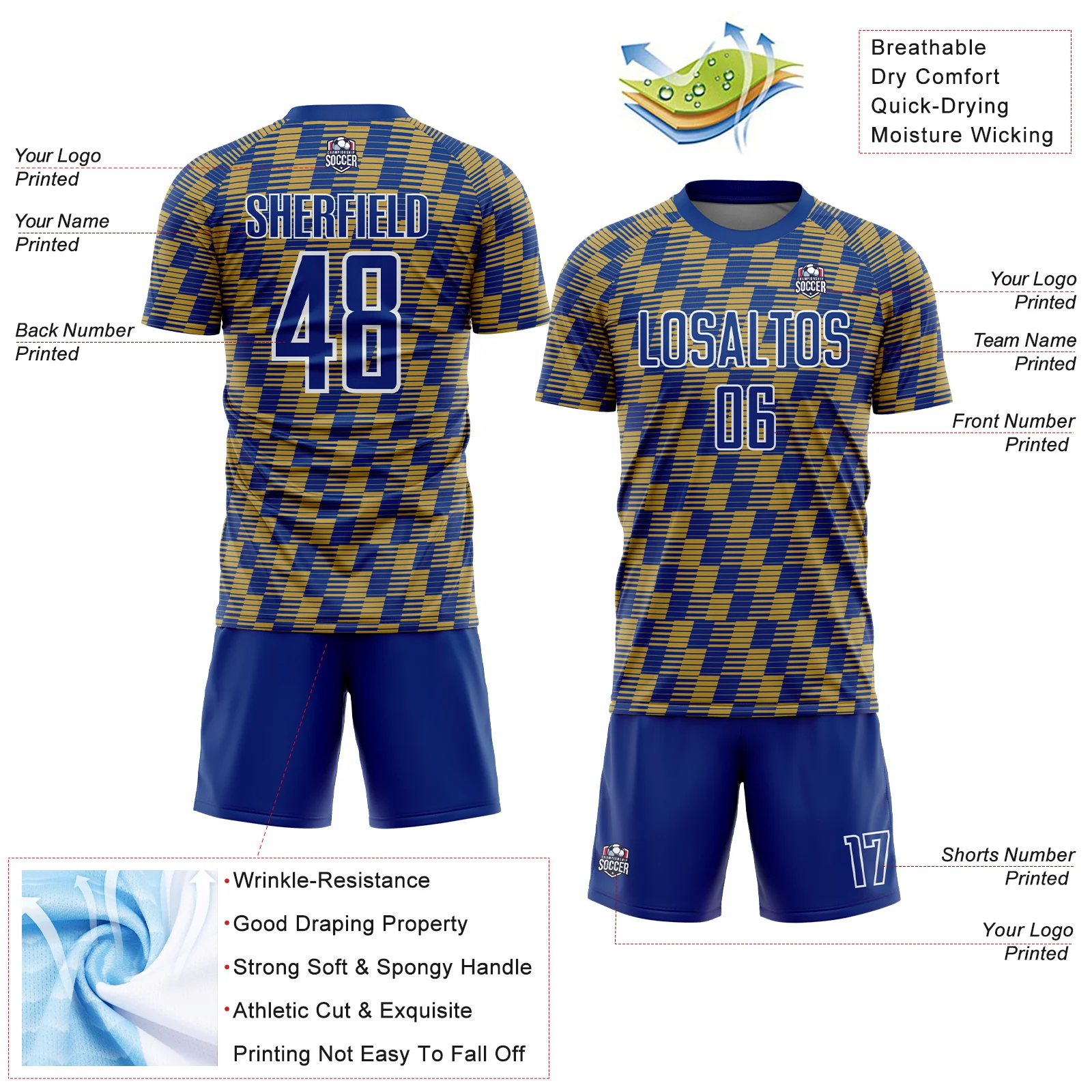 Custom Royal Old Gold-White Line Sublimation Soccer Uniform Jersey - Image 4
