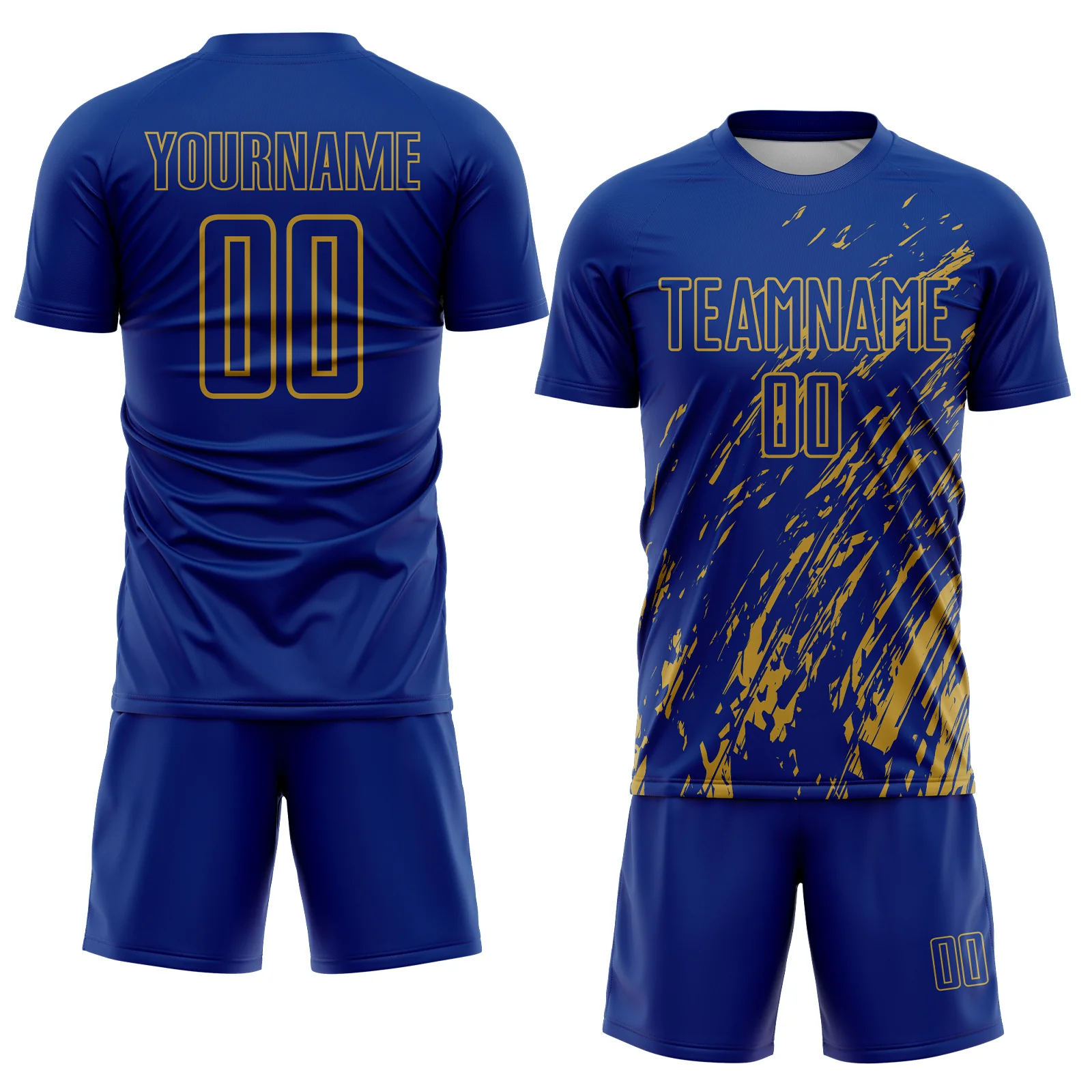 Custom Royal Old Gold Splash Sublimation Soccer Uniform Jersey - Image 2