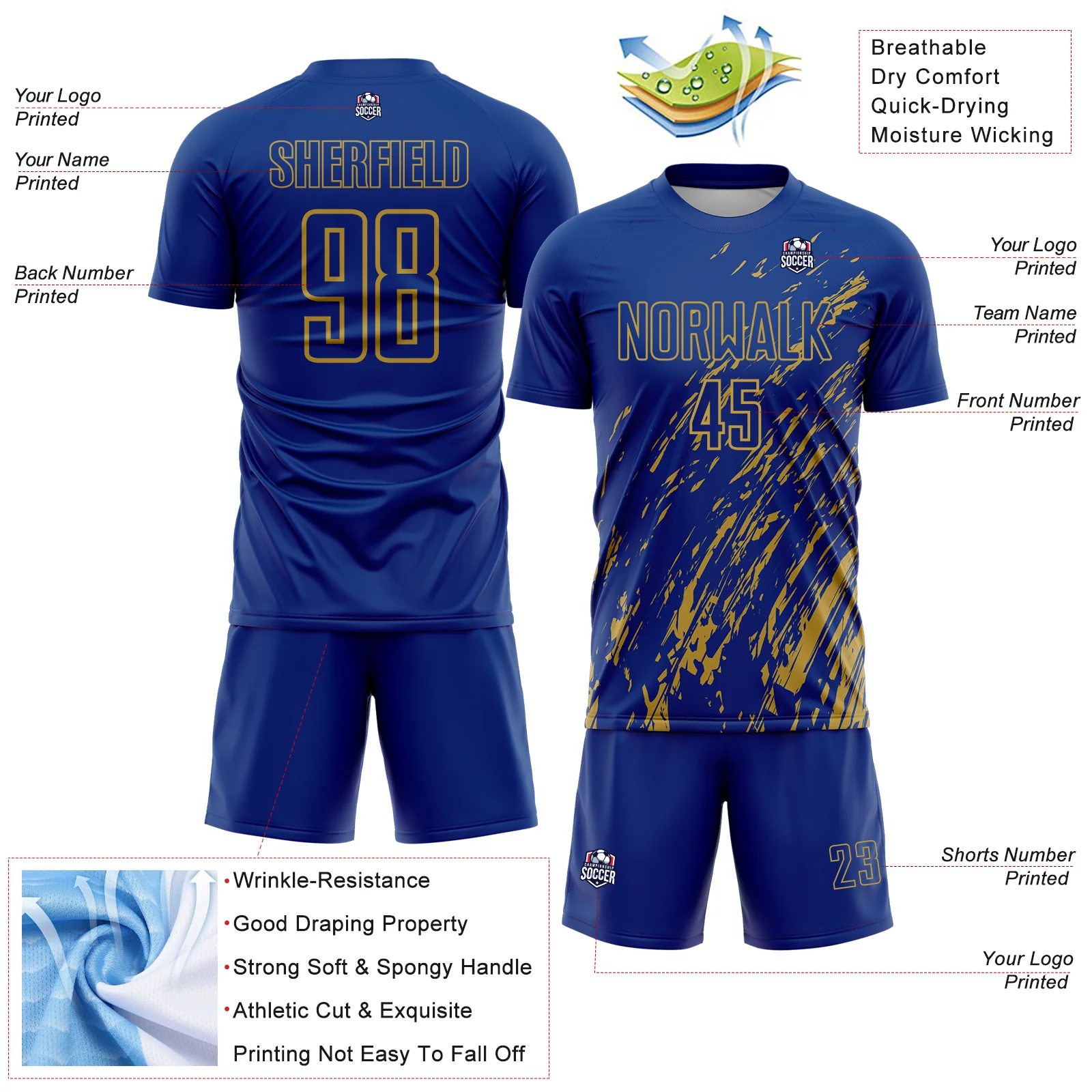 Custom Royal Old Gold Splash Sublimation Soccer Uniform Jersey - Image 4