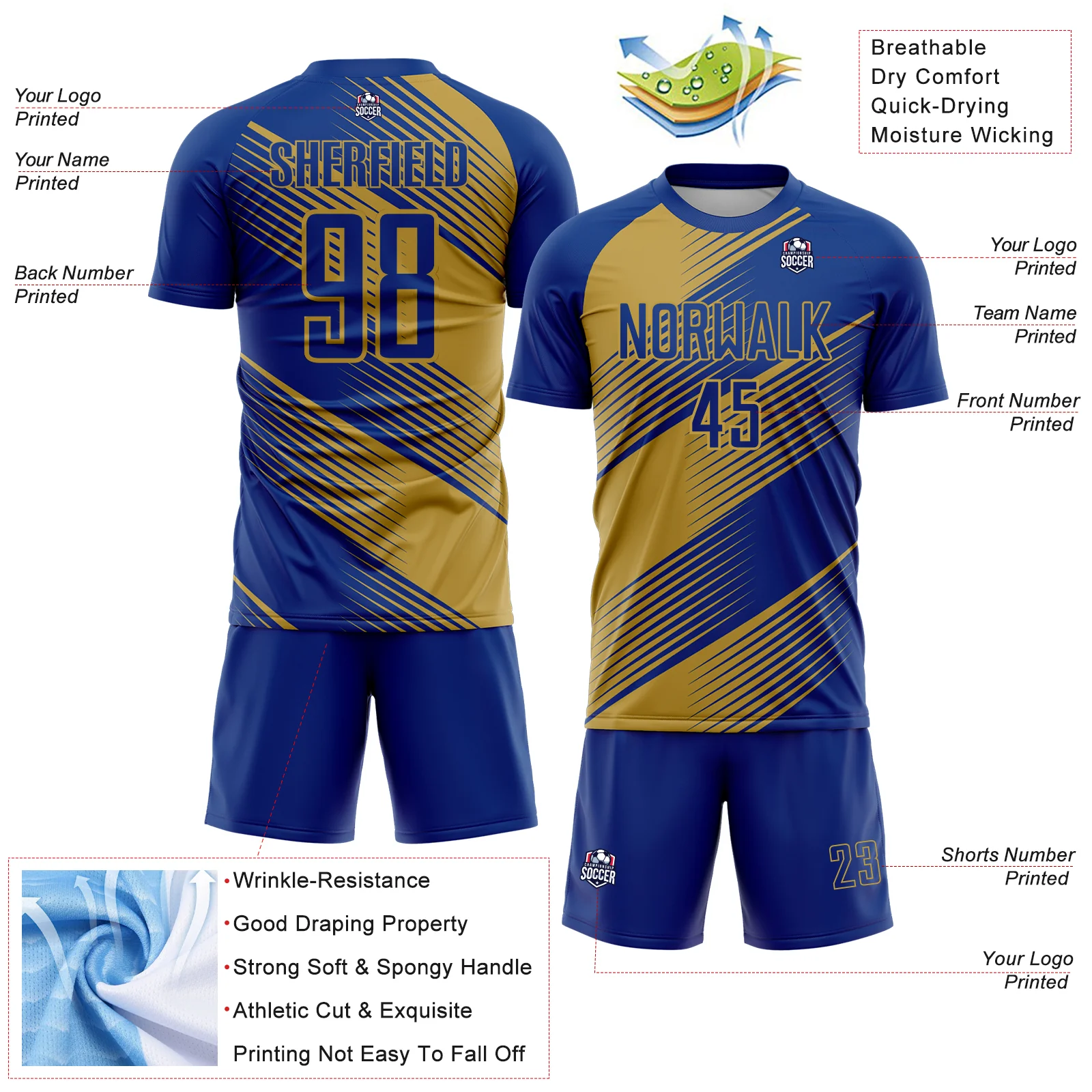 Custom Royal Old Gold Line Sublimation Soccer Uniform Jersey - Image 4