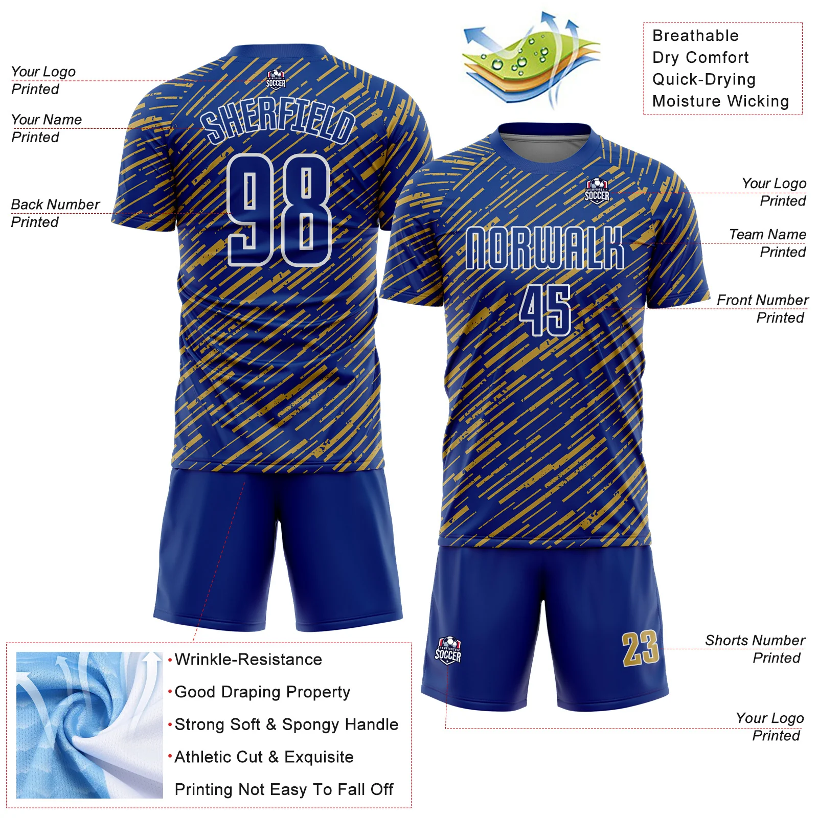 Custom Royal Old Gold-White Line Sports Sublimation Soccer Uniform Jersey - Image 4