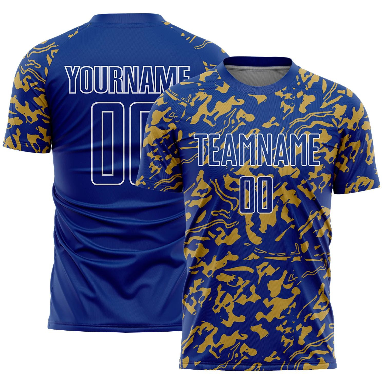 Custom Royal Old Gold-White Liquid Fluid Pattern Sports Sublimation Soccer Uniform Jersey